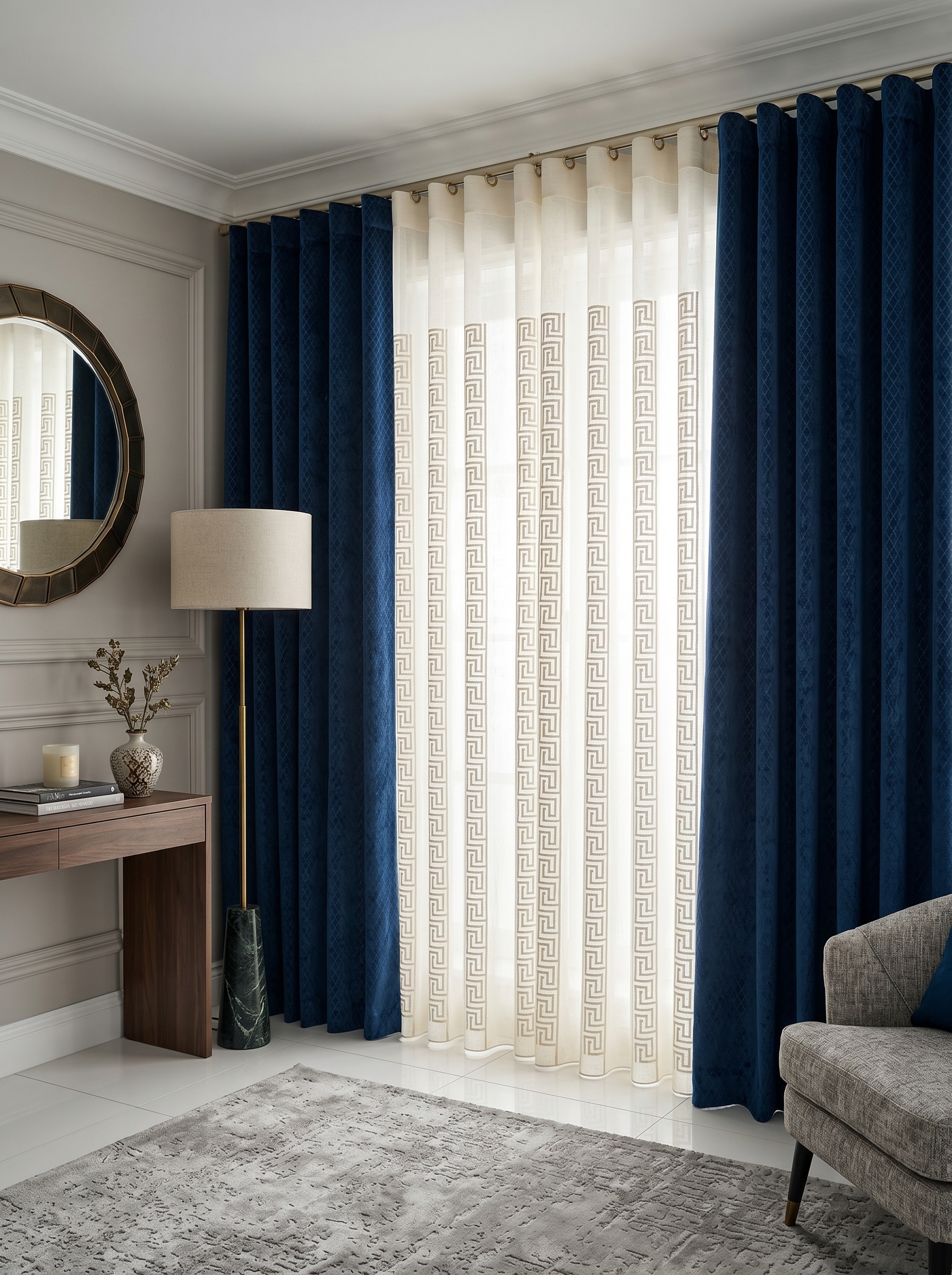 Floor to ceiling curtains in an elegant room with long drapes, sheer panels, soft light, and luxury interior styling