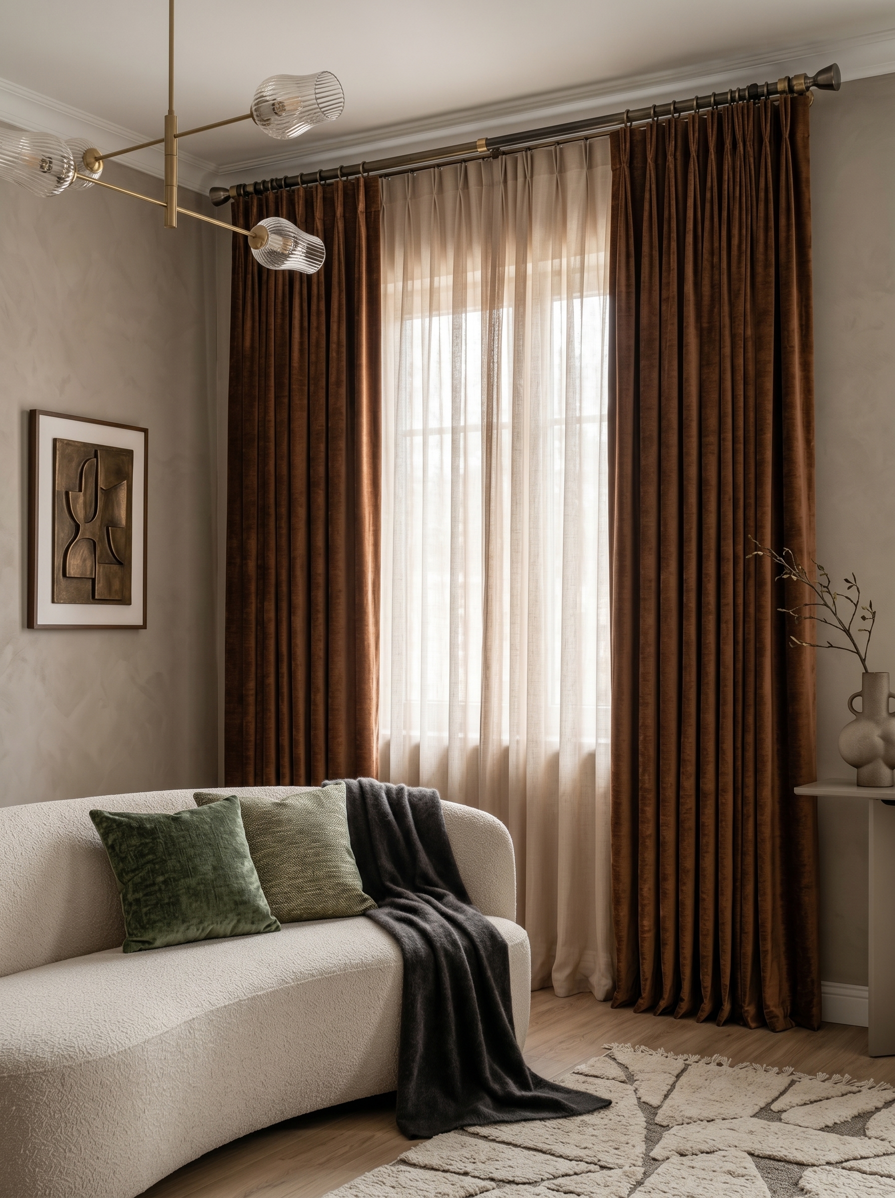 Navy blue floor to ceiling curtains with sheer white panels, gold rings, classic molding, and luxury living room decor