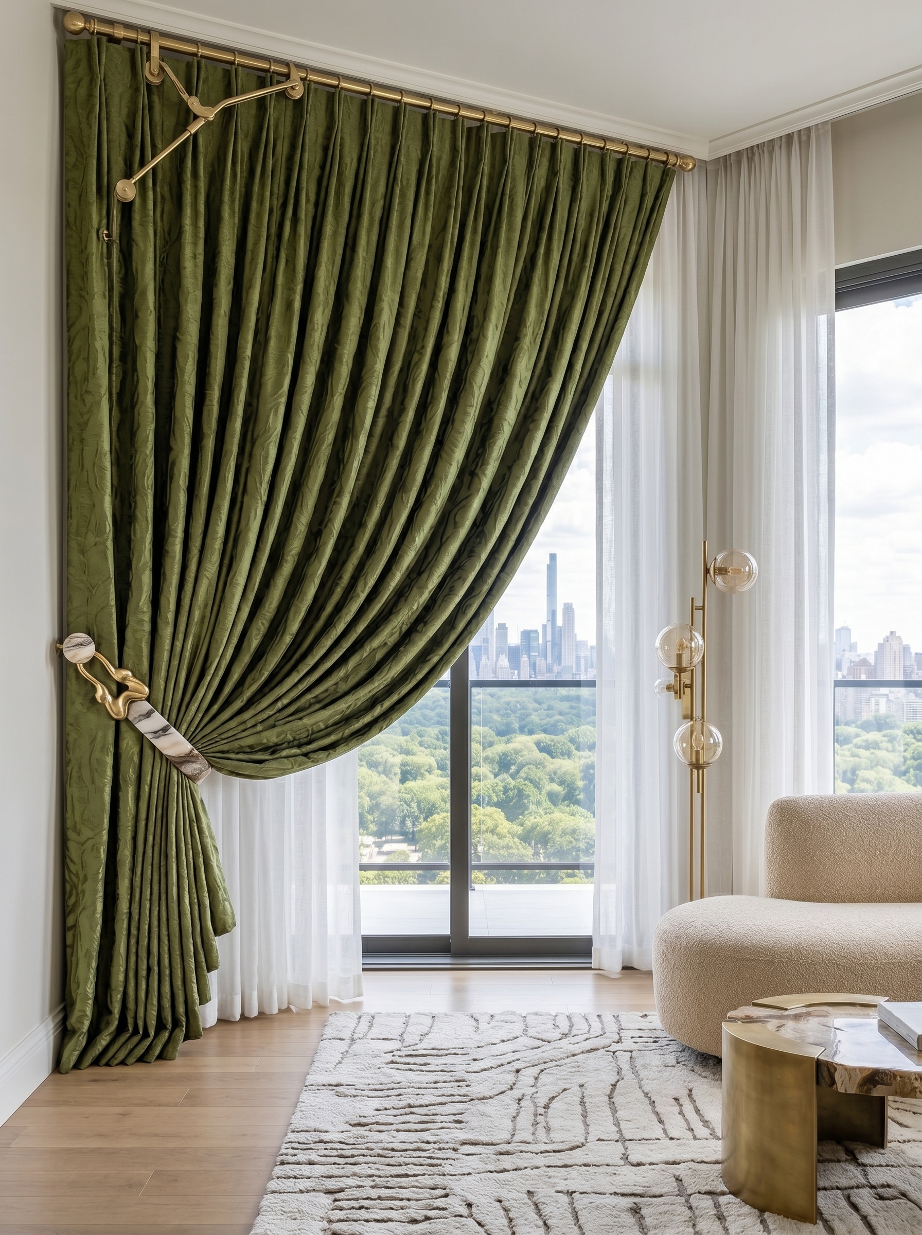 Brown floor to ceiling curtains with sheer panels, cozy living room decor, neutral walls, and warm elegant styling