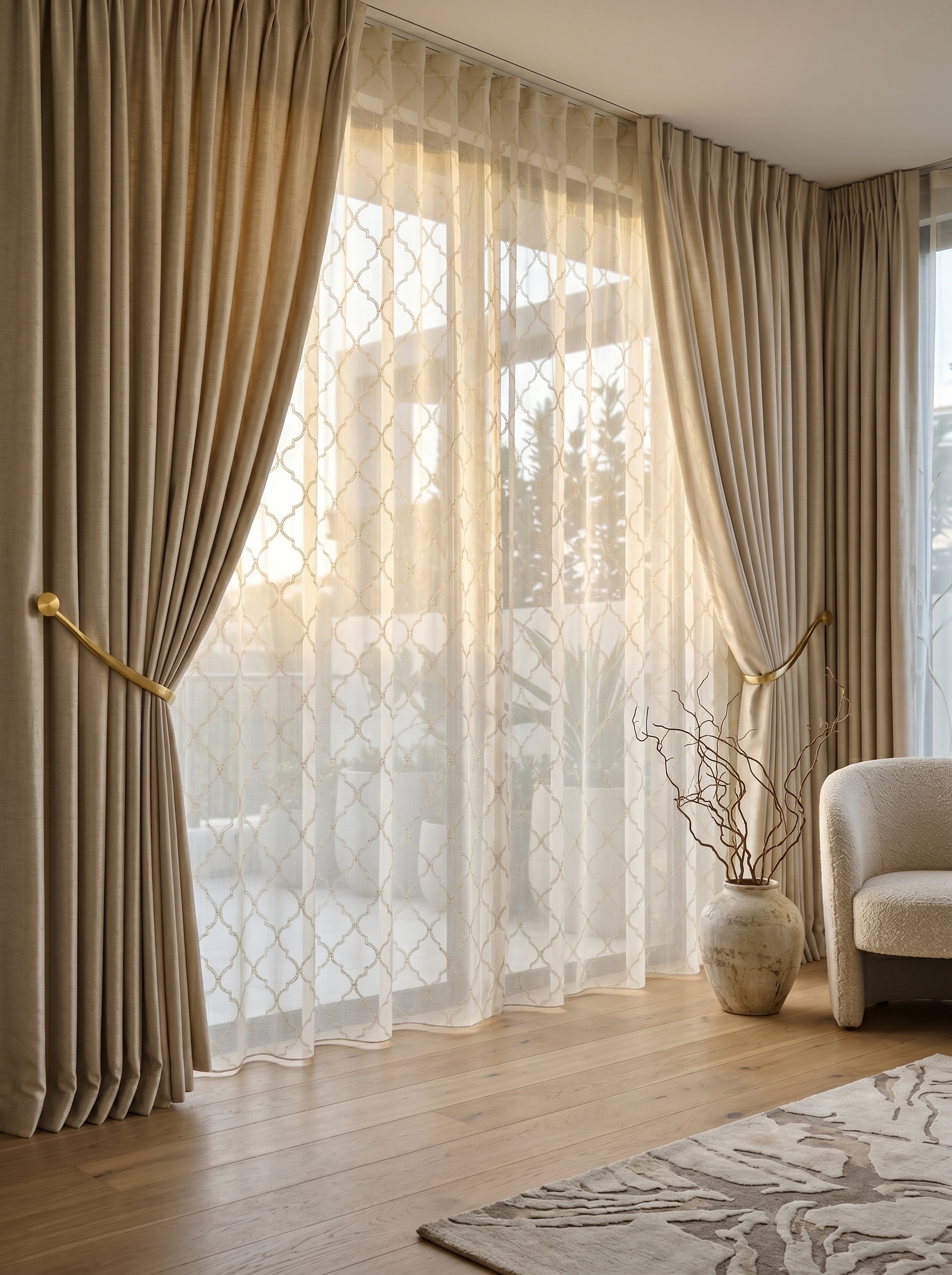 Olive green floor to ceiling curtains with gold rod, sheer white panels, balcony window treatment, and luxury living room decor