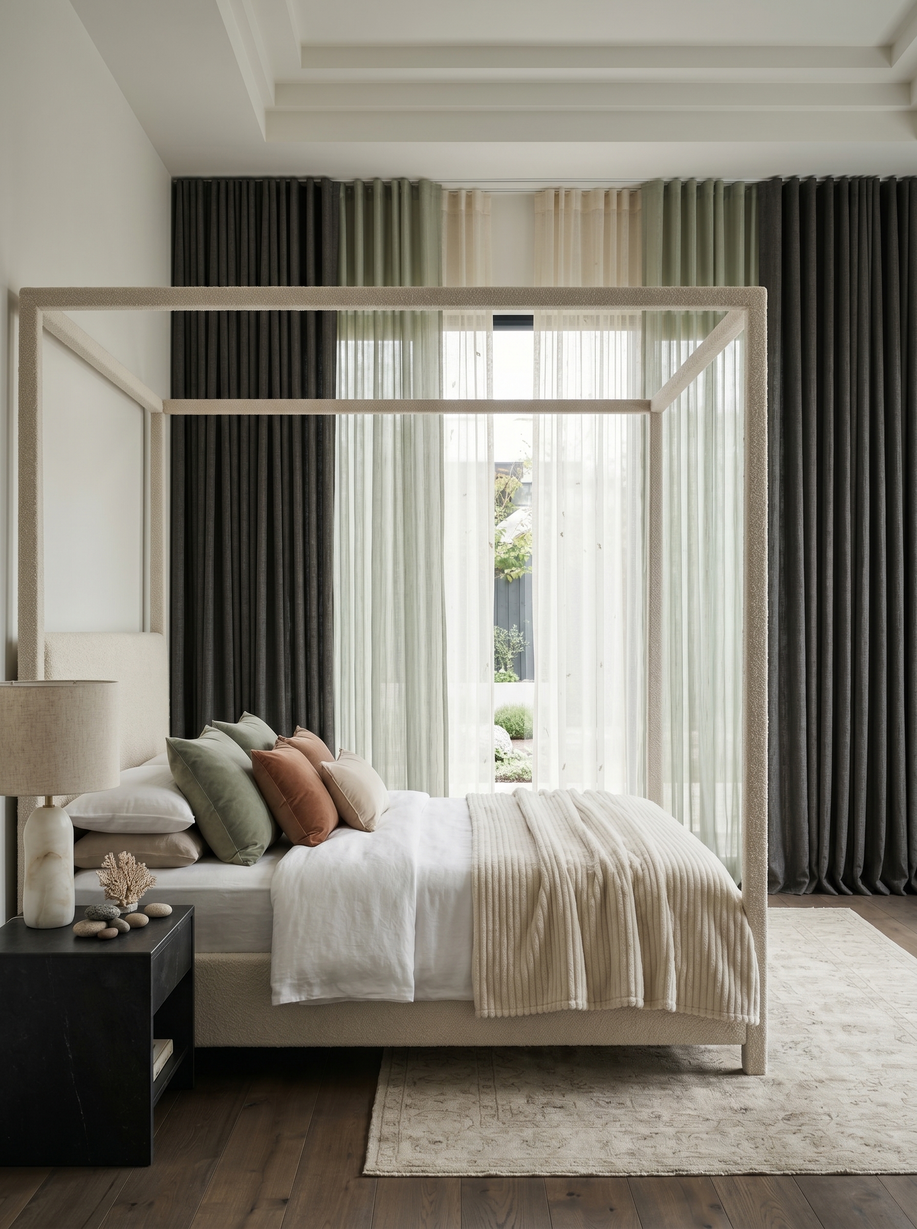 Beige floor to ceiling curtains with patterned sheer panels, gold tiebacks, neutral decor, and elegant window treatment