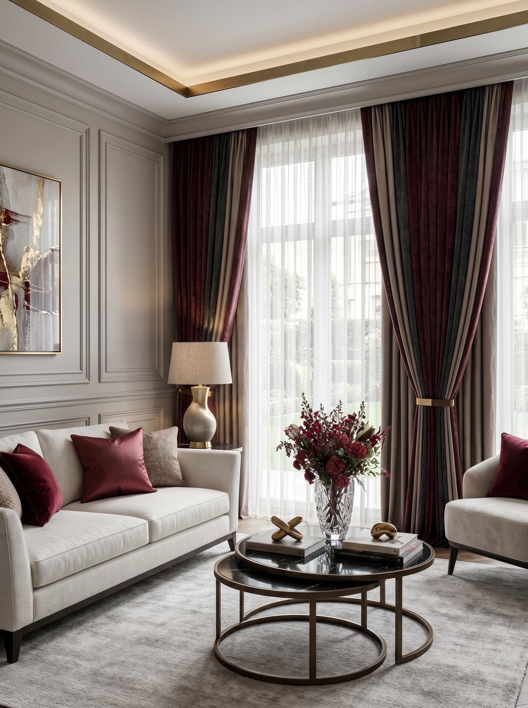 Charcoal floor to ceiling bedroom curtains with sheer layering, canopy bed, neutral bedding, and luxury bedroom decor