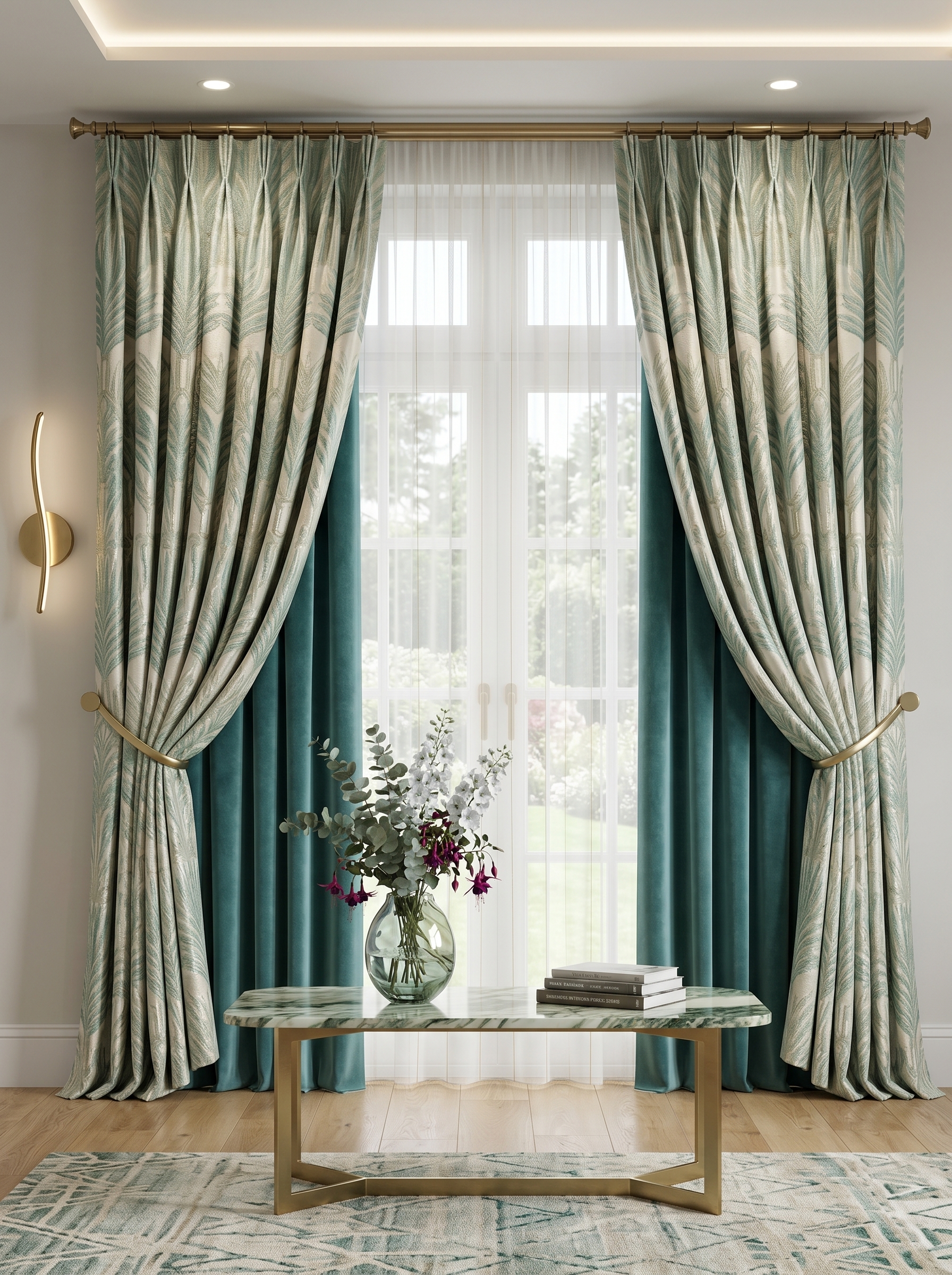 Burgundy taupe and charcoal floor to ceiling curtains with sheer panels, gold tiebacks, and formal living room decor