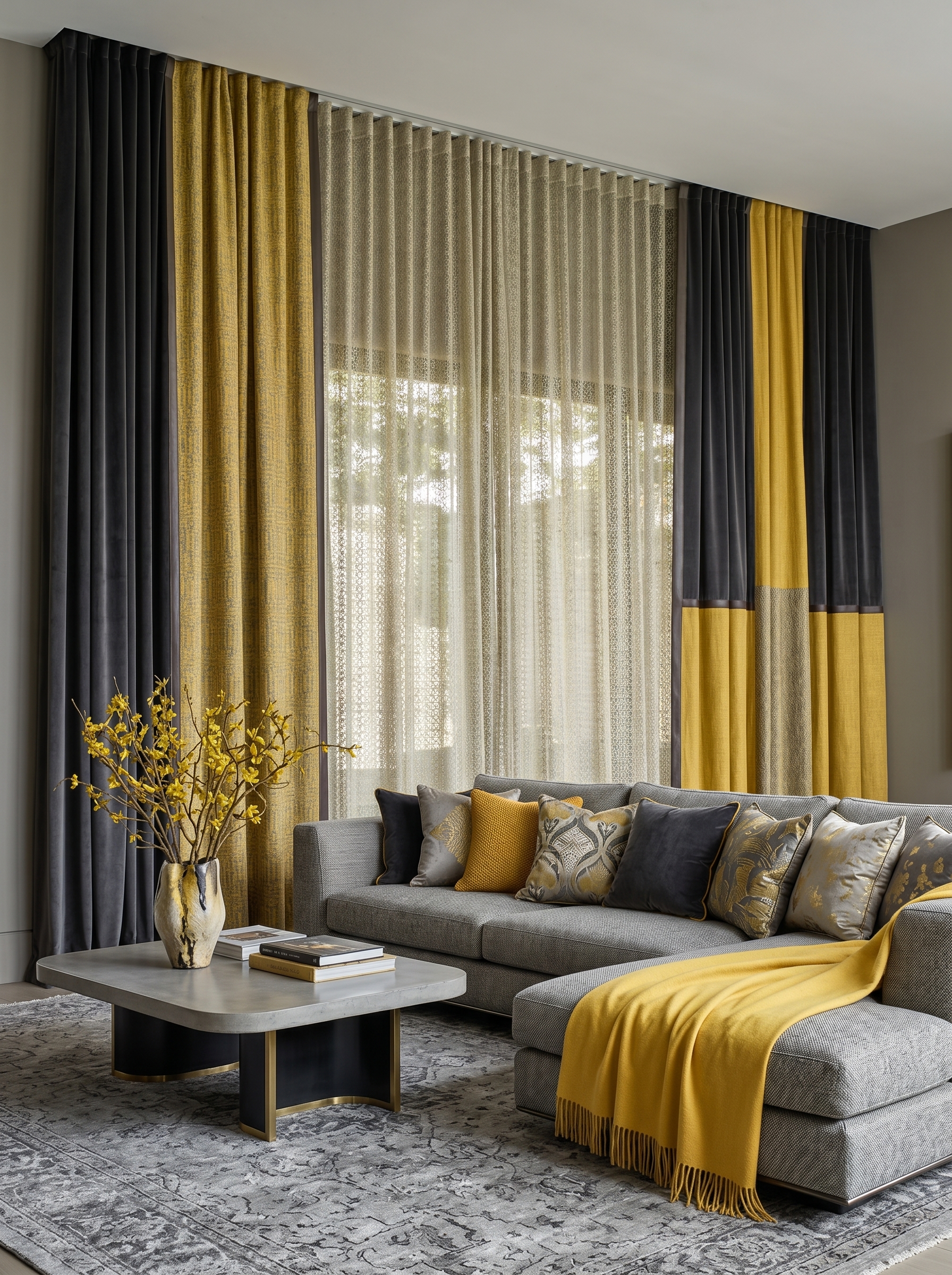 Sage green patterned floor to ceiling curtains with teal drapes, sheer panels, gold rod, and elegant living room styling