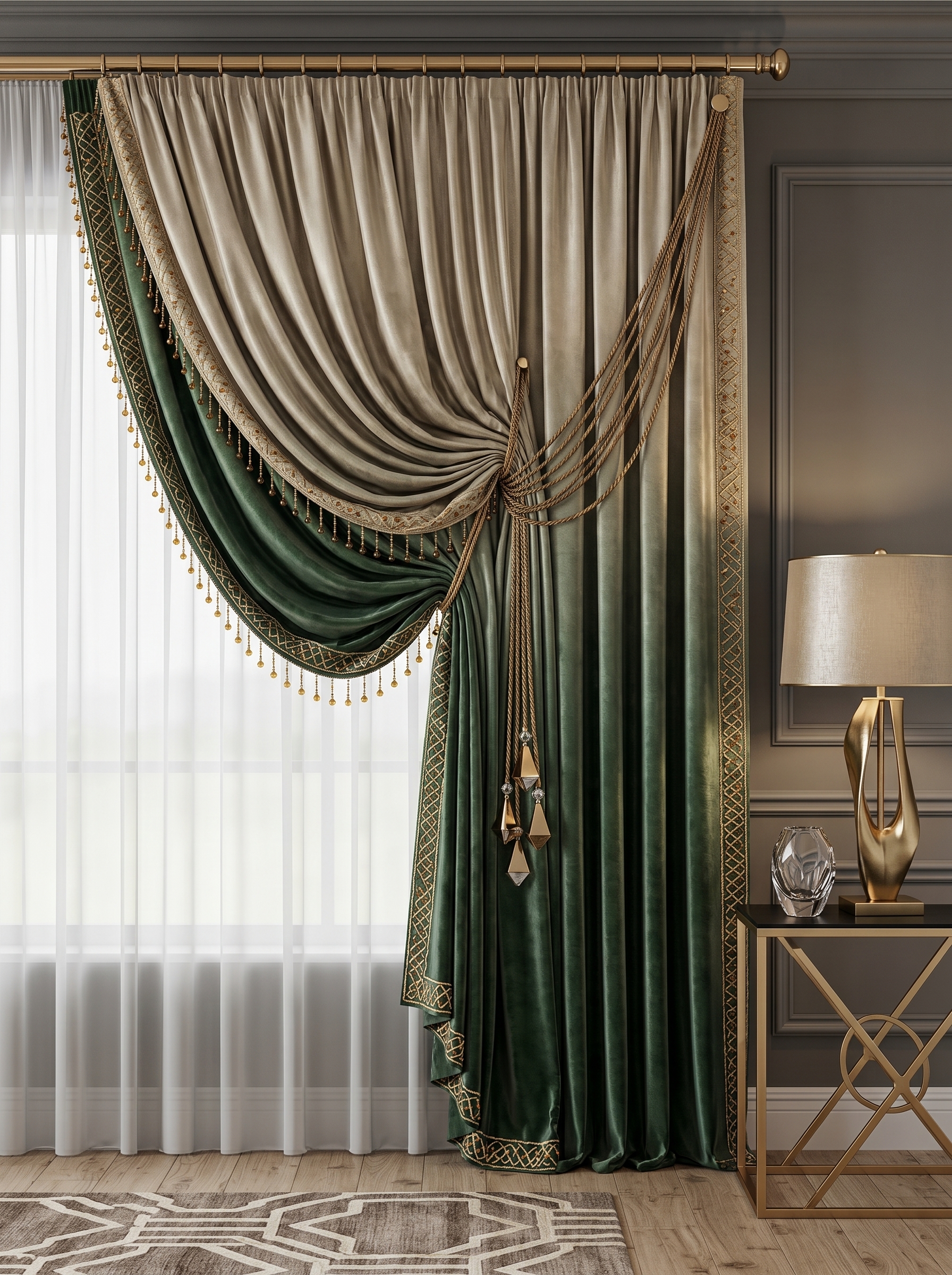 Gray and mustard yellow floor to ceiling curtains with sheer panels, modern living room decor, and bold window treatment