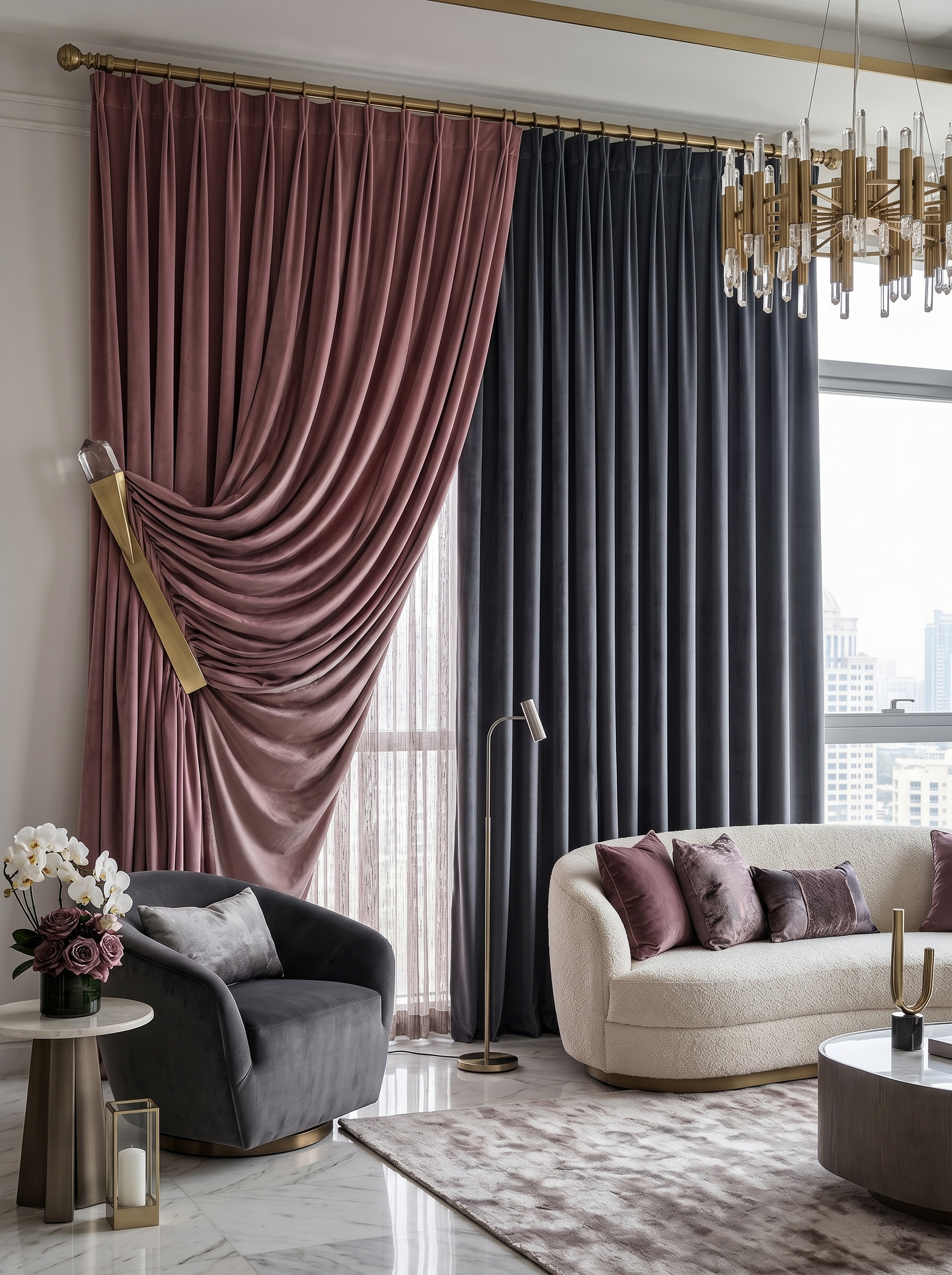 Emerald green luxury floor to ceiling curtains with champagne drapes, tassels, sheer curtains, and royal window treatment