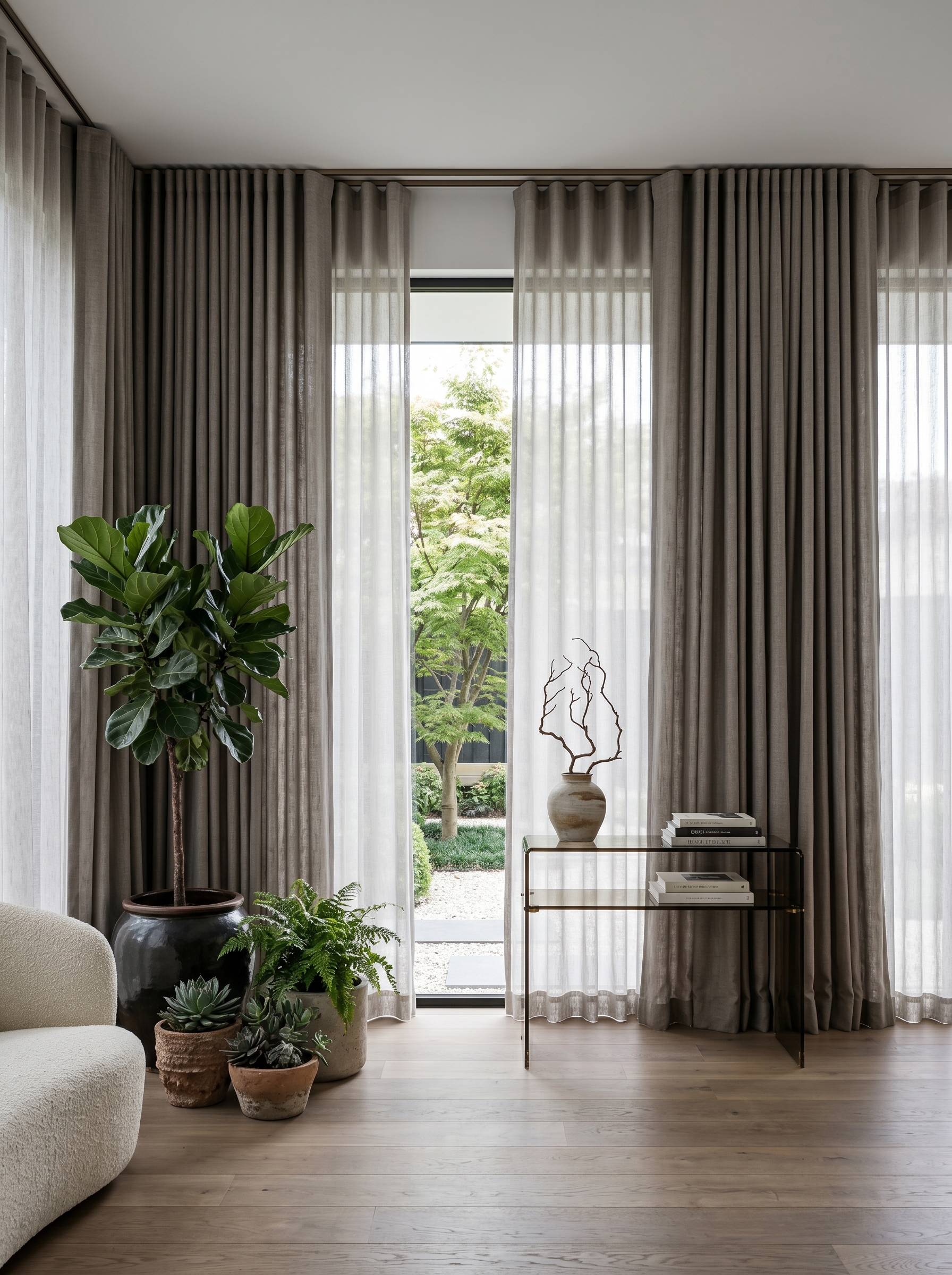 Mauve and charcoal luxury floor to ceiling curtains with gathered swag, sheer layer, crystal chandelier, and glam living room decor