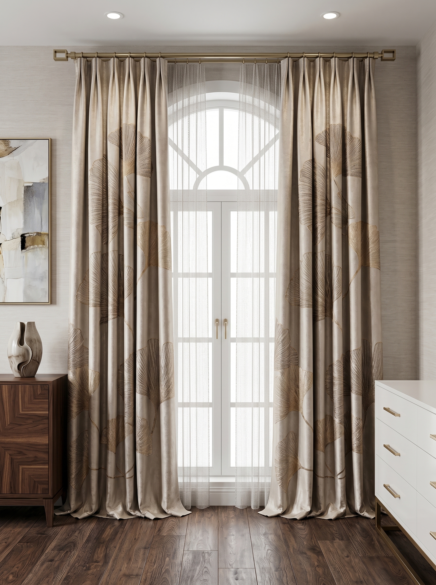 Taupe floor to ceiling curtains with sheer panels, garden view, indoor plants, wood flooring, and neutral living room decor