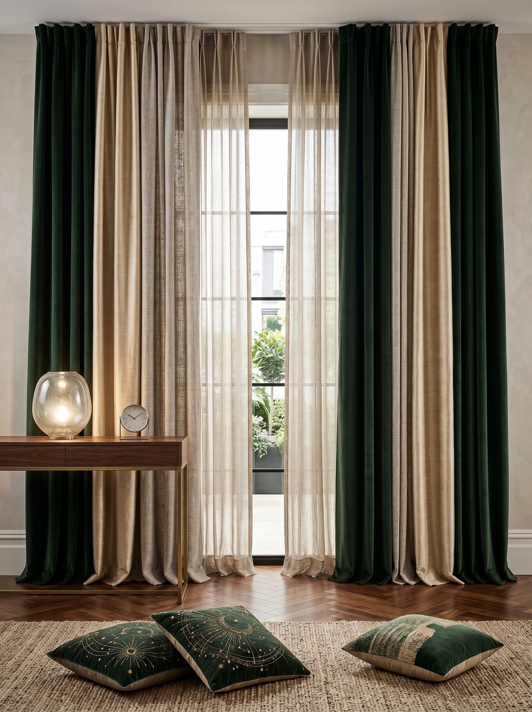 Champagne beige patterned floor to ceiling curtains for arched windows with sheer panels and modern classic decor