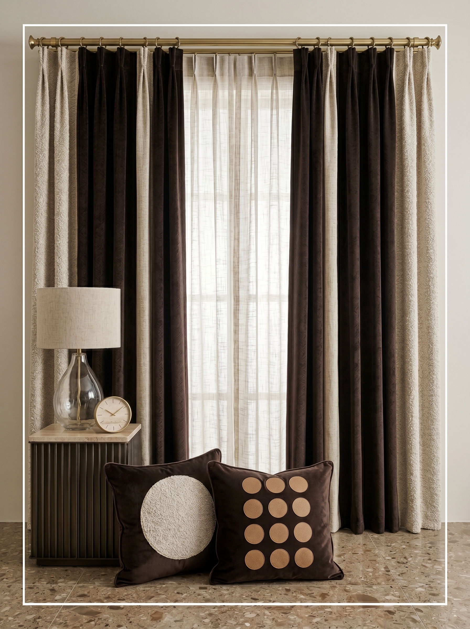 Emerald green and beige layered floor to ceiling curtains with sheer center panels, gold accents, and luxury room styling