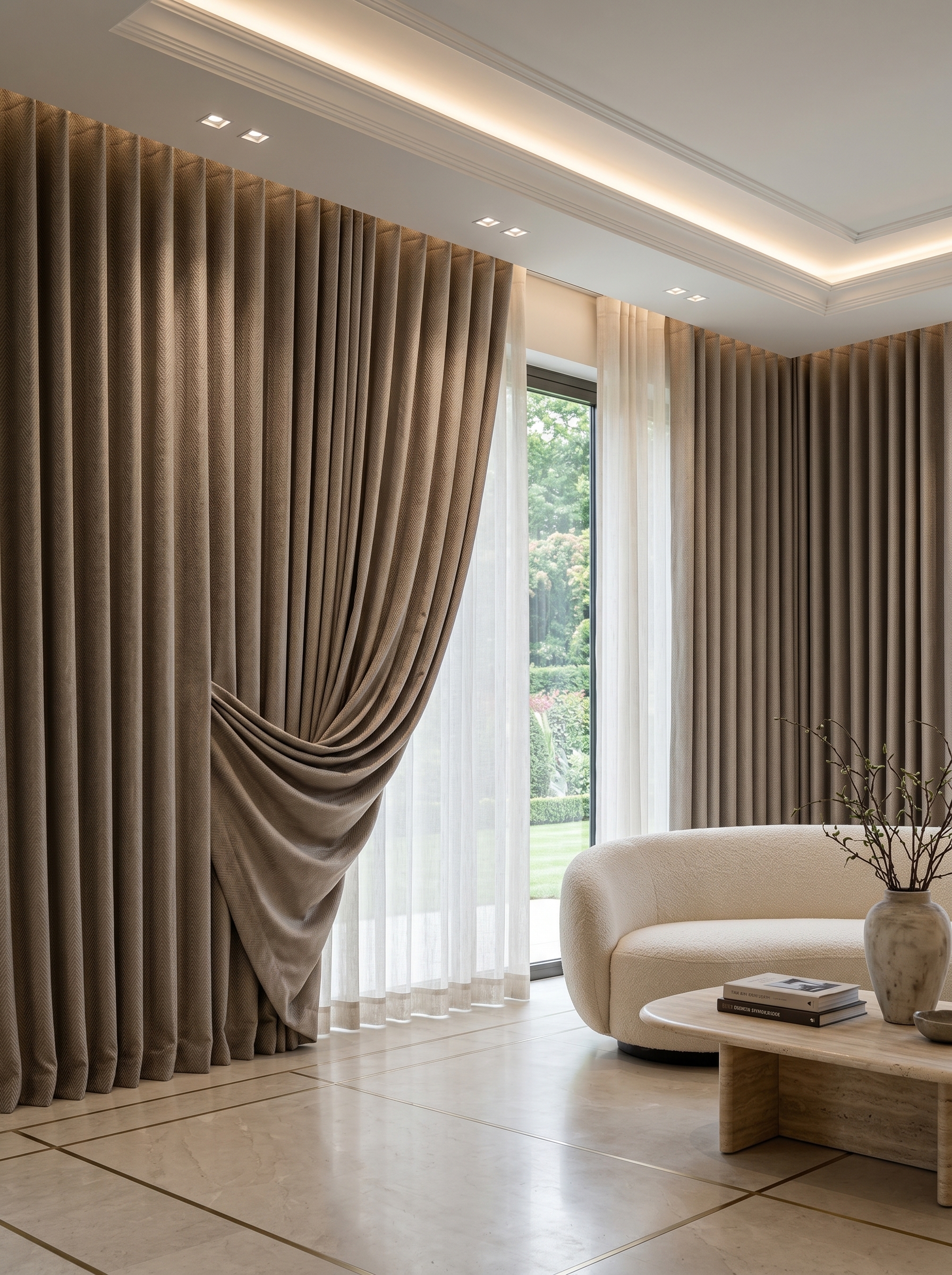 Brown and beige floor to ceiling curtains with sheer center panels, gold rod, neutral decor, and modern classic styling