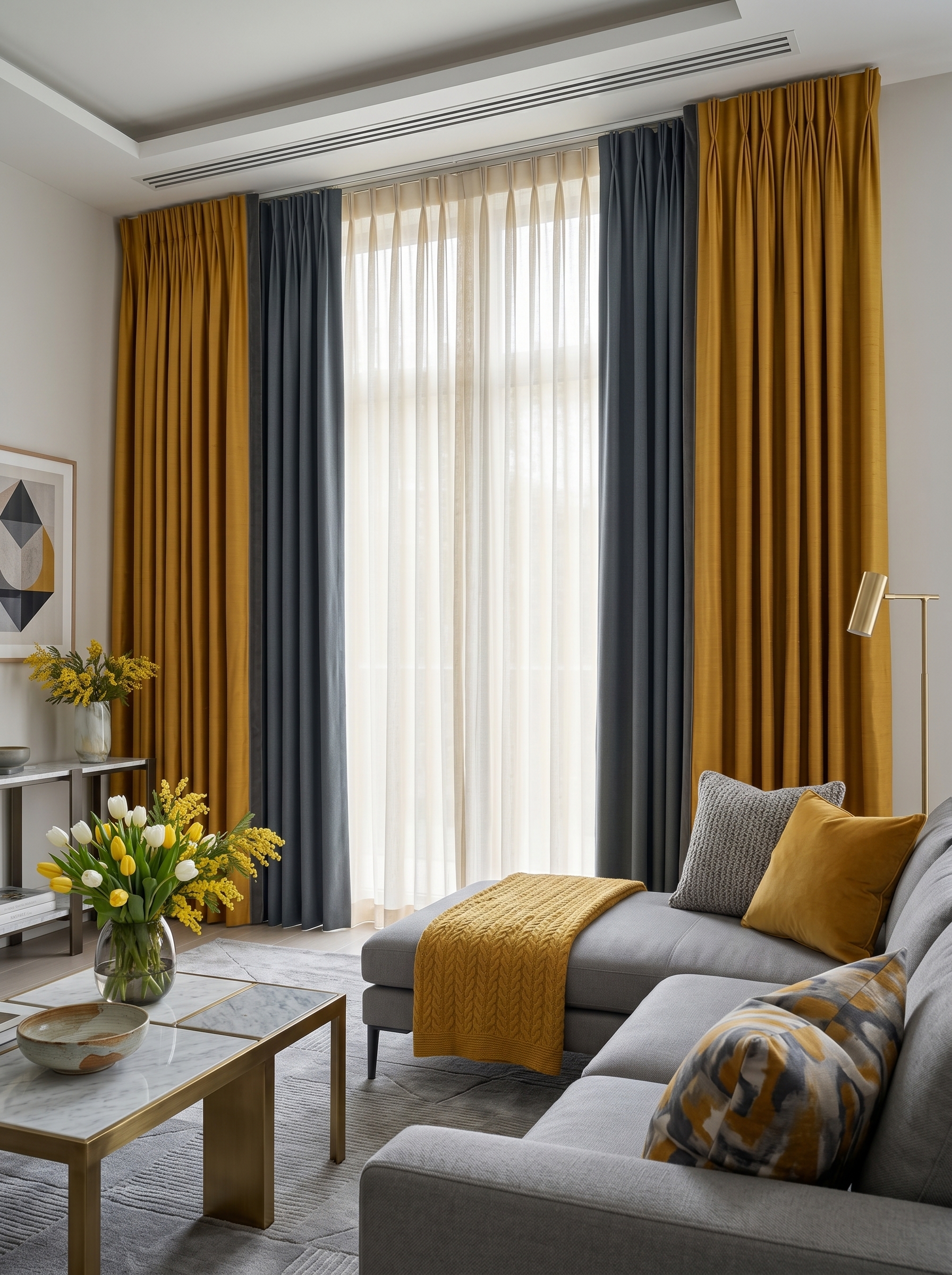 Taupe floor to ceiling curtains for neutral living room with sheer white panels, curved sofa, stone coffee table, and luxury styling