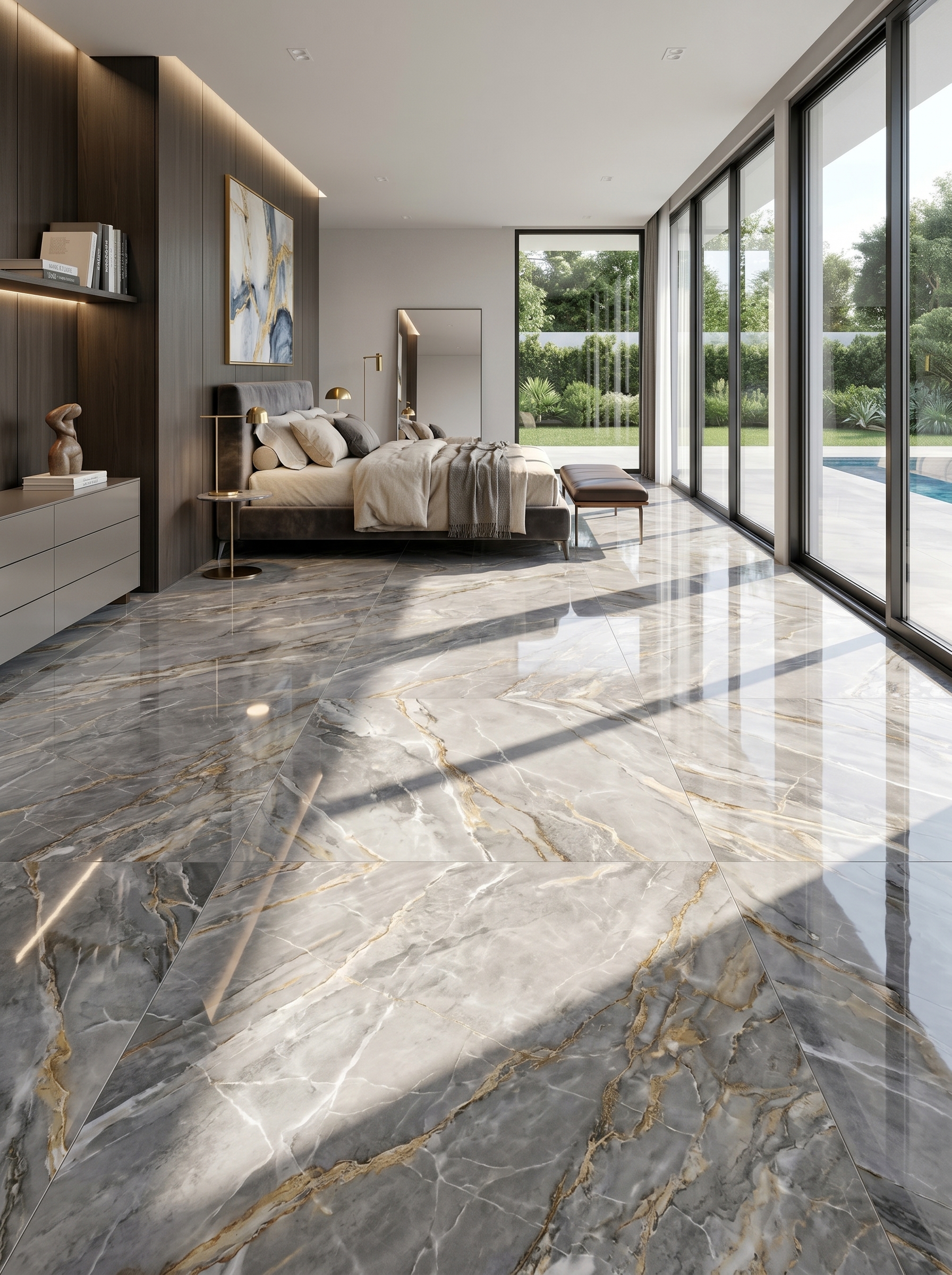 Bedroom tile flooring idea with modern floor tiles, cozy bedding, soft decor, and stylish bedroom interior design