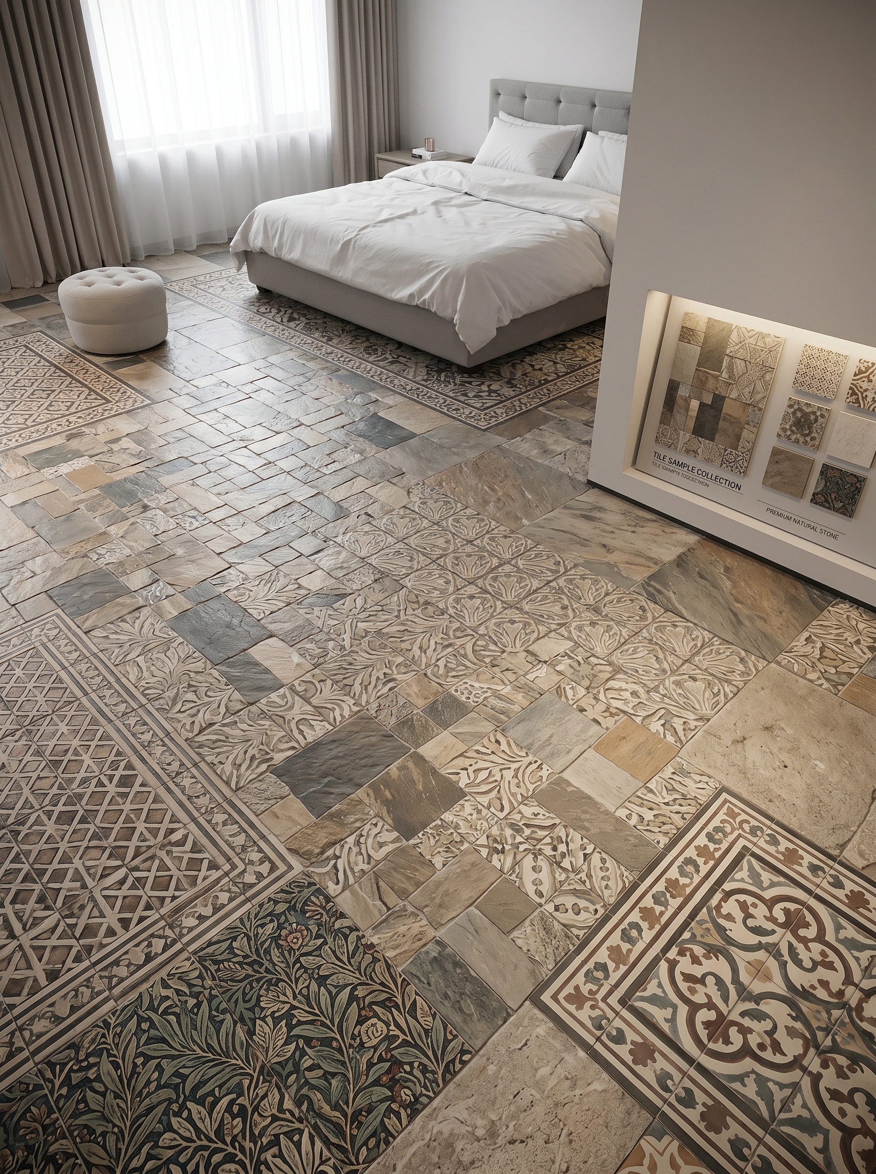 Luxury bedroom tile flooring with glossy marble-look tiles, soft gray veining, gold accents, and modern bedroom styling