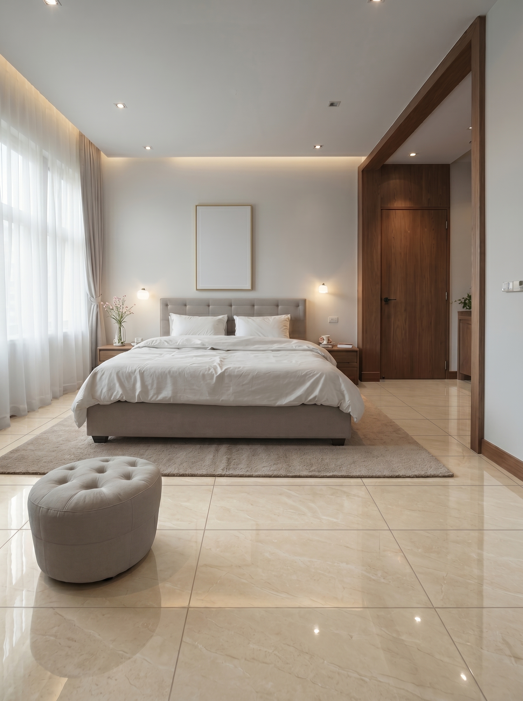 Patterned bedroom tile flooring with stone-look tiles, decorative borders, neutral tones, white bedding, and vintage bedroom decor