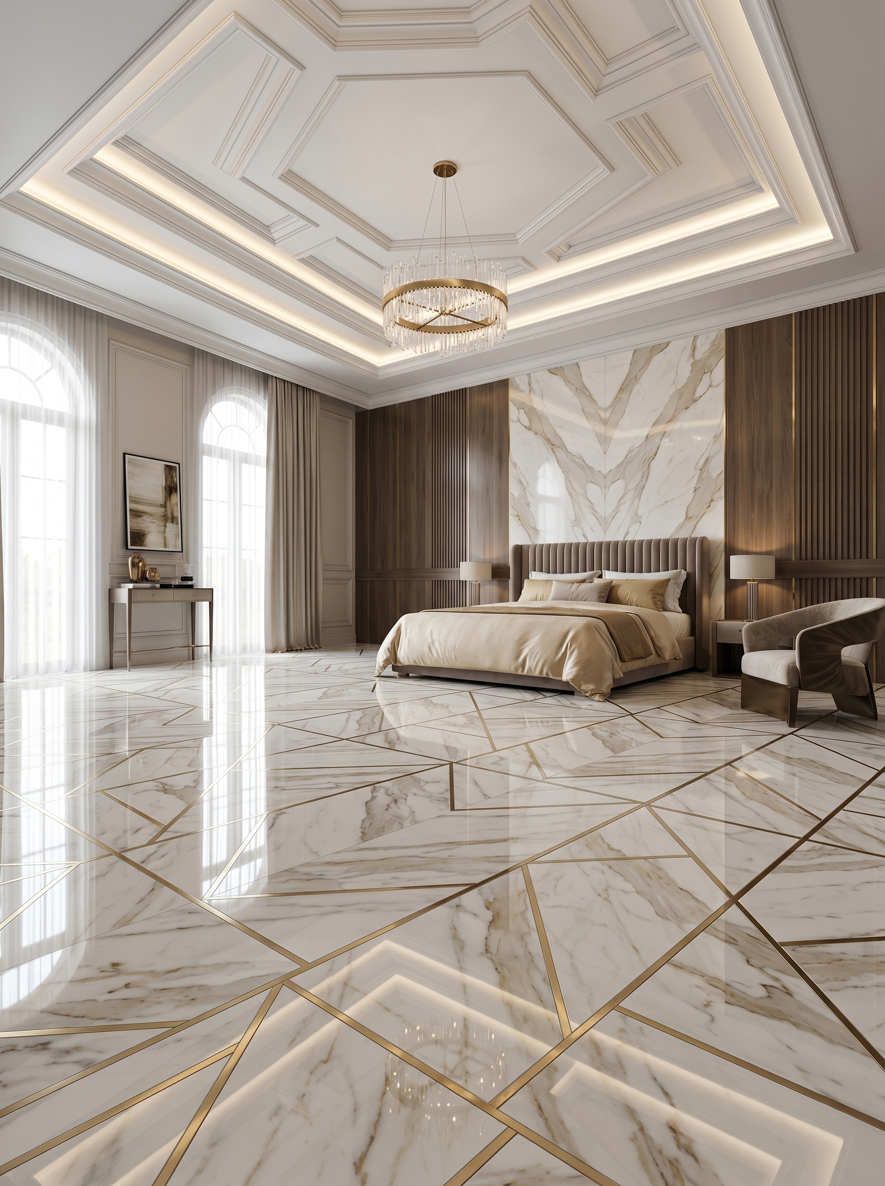Cream marble-look bedroom tile flooring with glossy finish, tufted bed, neutral bedding, and soft elegant bedroom decor