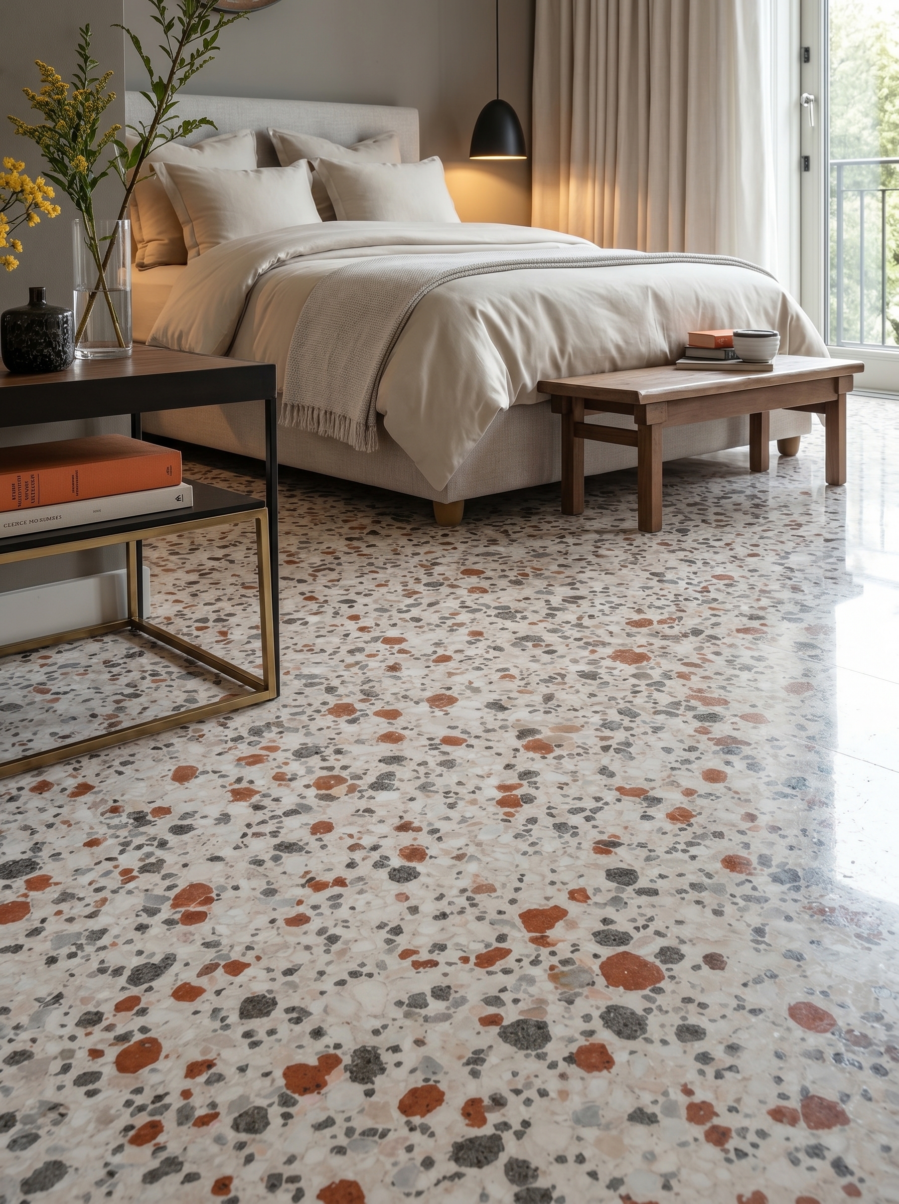 White marble bedroom tile flooring with gold inlay lines, chandelier, coffered ceiling, wood wall panels, and luxury bedroom decor