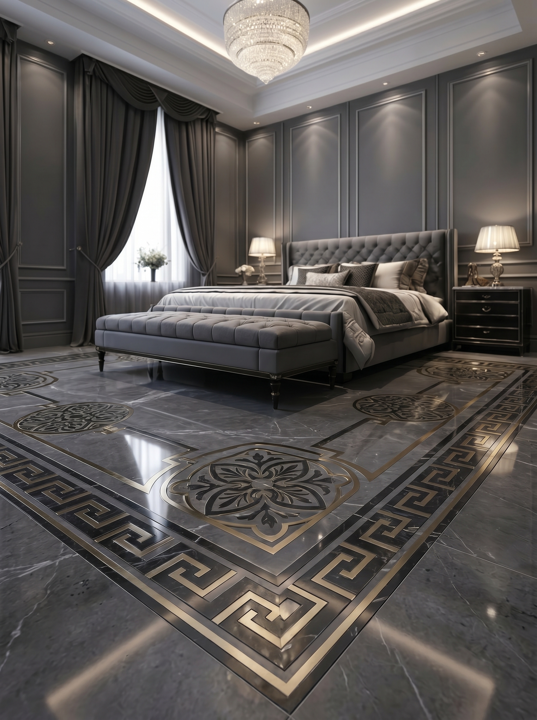 Terrazzo bedroom tile flooring with neutral stone chips, white bedding, beige curtains, wooden furniture, and minimalist decor