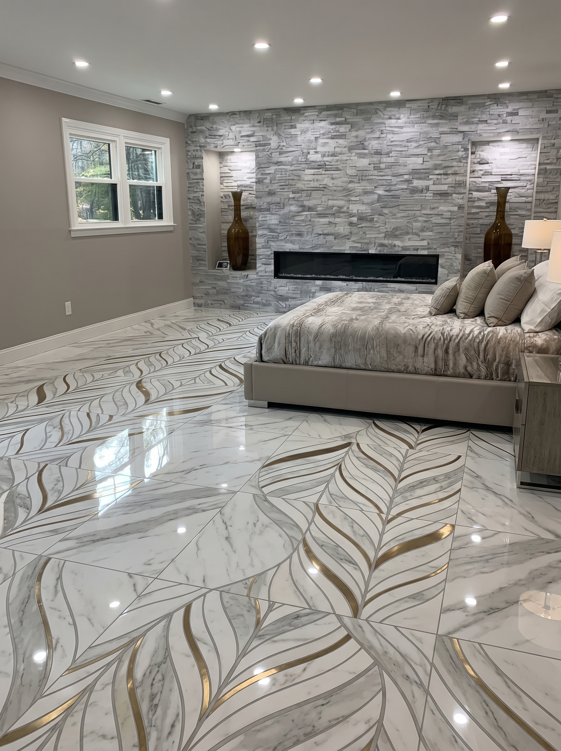 Dark gray marble-look bedroom tile flooring with gold border, chandelier lighting, charcoal walls, and luxury bedroom decor