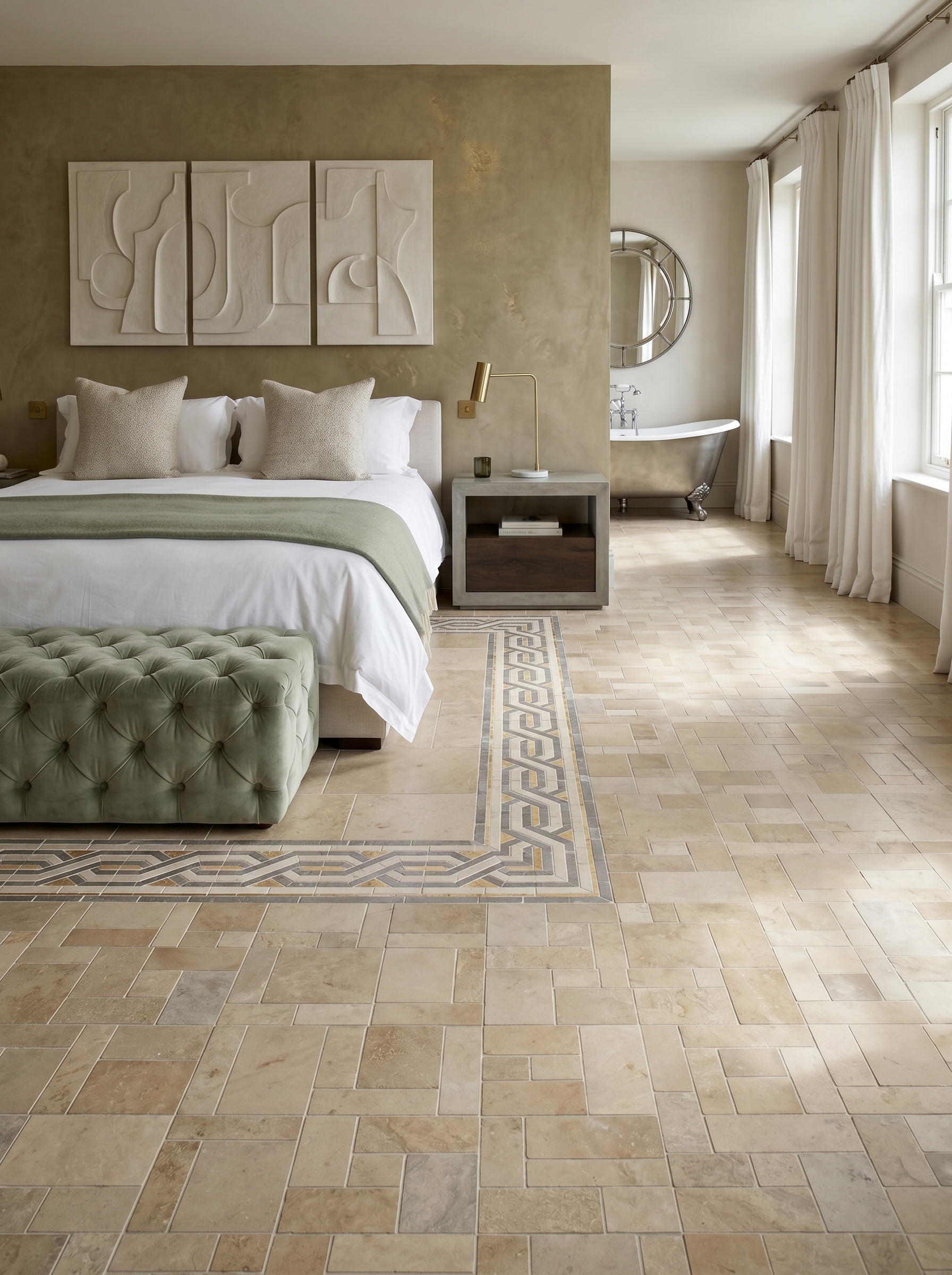 Glossy marble-look bedroom tile flooring with dramatic gray and beige veining, white wardrobes, LED ceiling detail, and modern decor