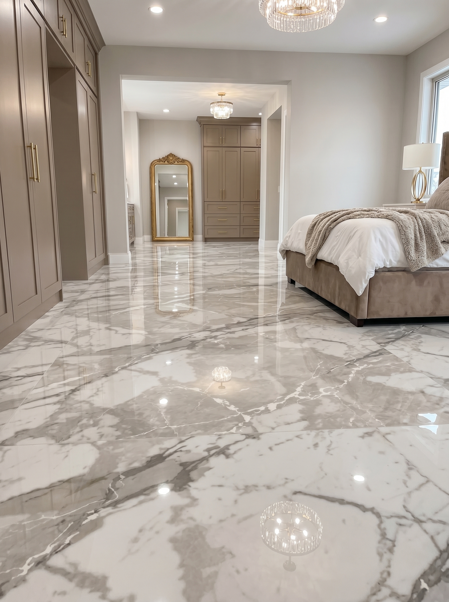 Beige stone-look bedroom tile flooring with rectangular pattern, decorative border, white bedding, sage accents, and neutral decor