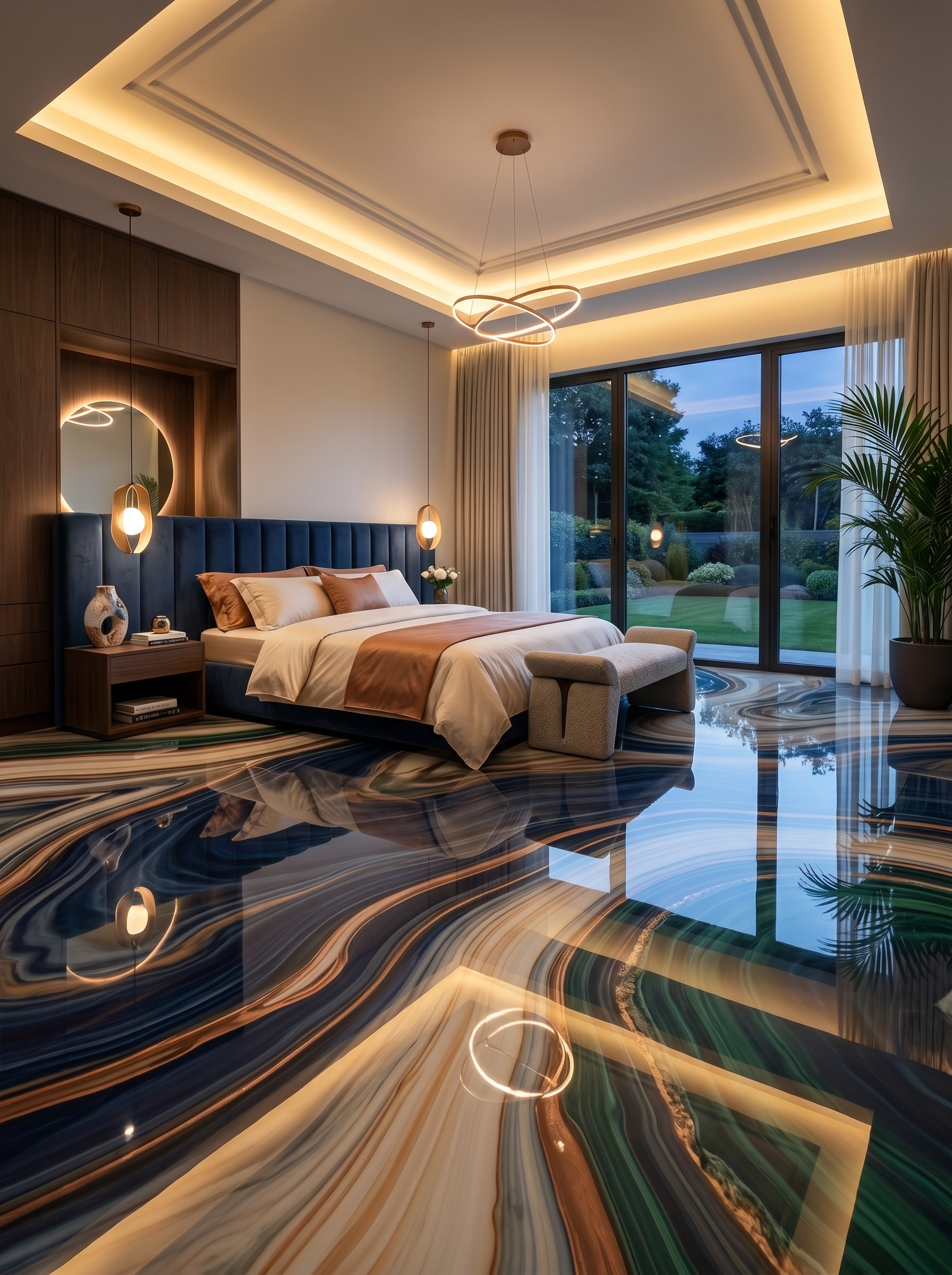 White marble-look bedroom tile flooring with gray veining, taupe wardrobes, chandelier lighting, gold accents, and luxury decor