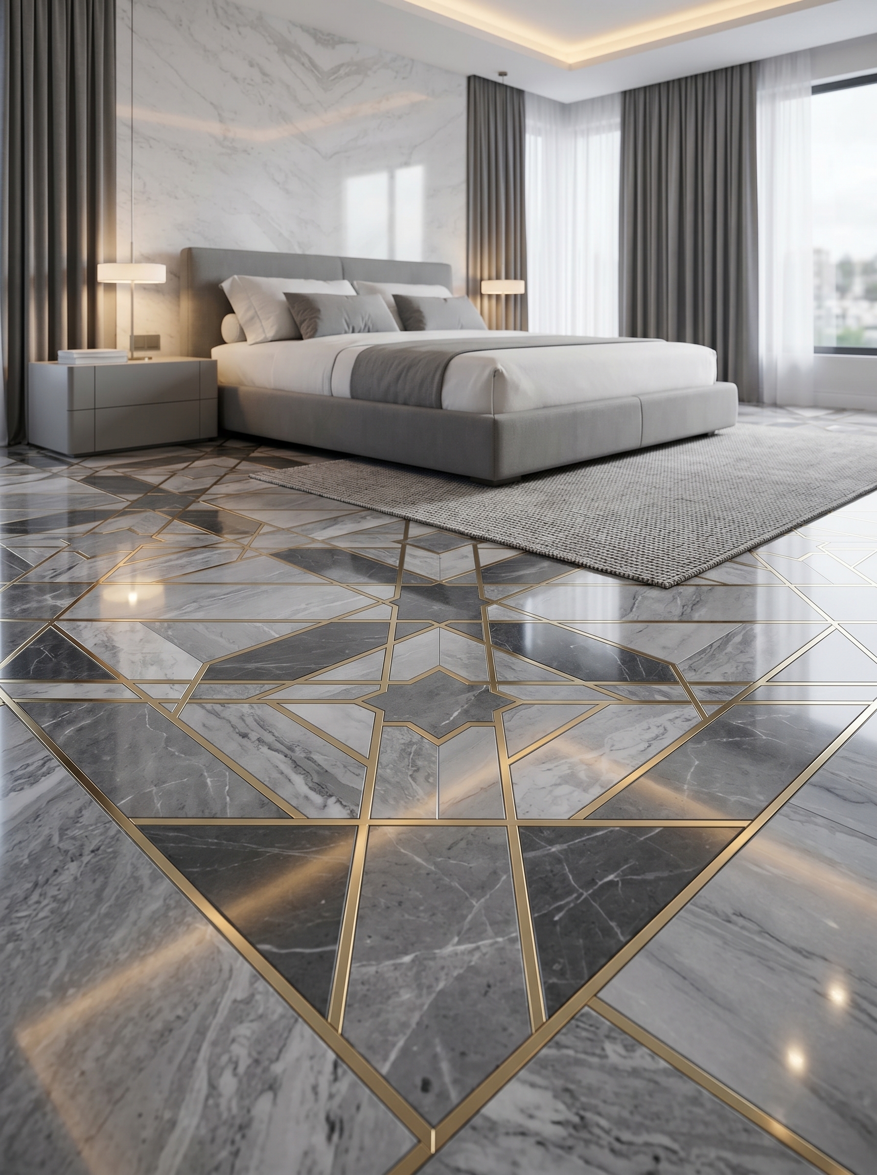 Abstract stone-inspired bedroom tile flooring with blue green brown and gold swirls, navy bed, wood paneling, and luxury decor