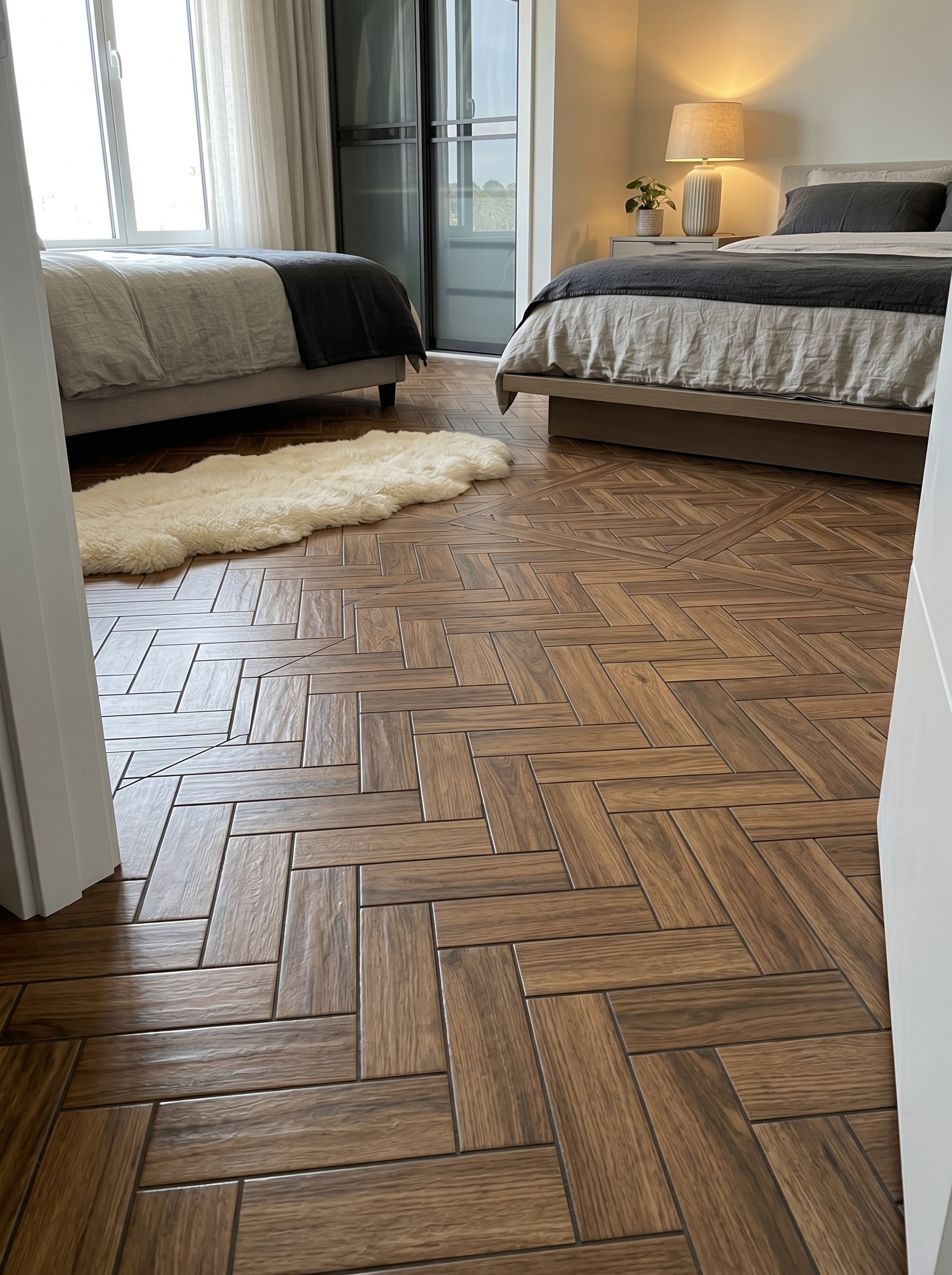 Geometric marble bedroom tile flooring with gold inlay lines, gray upholstered bed, marble wall, curtains, and neutral bedding