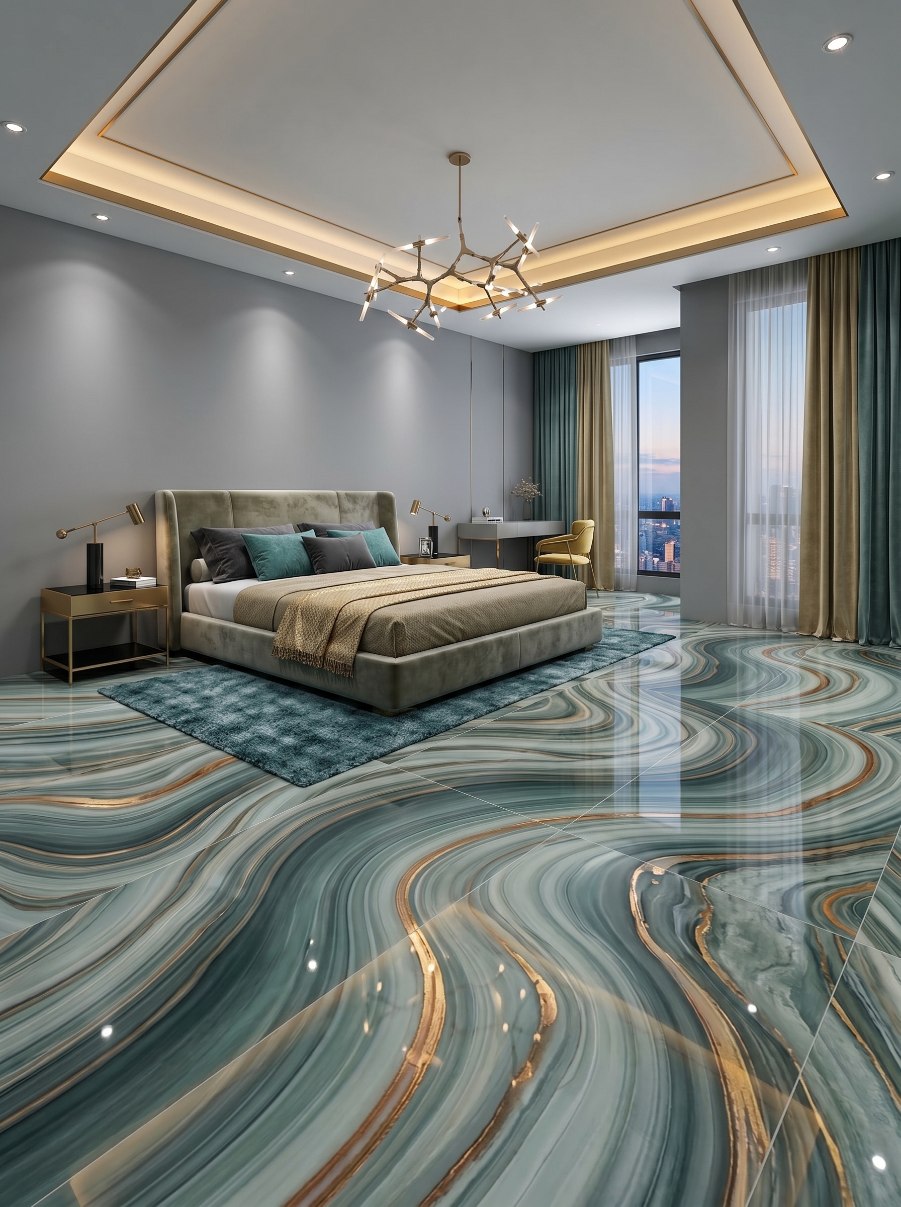 Wood-look herringbone bedroom tile flooring with rich brown tiles, neutral bedding, warm lighting, and cozy modern decor