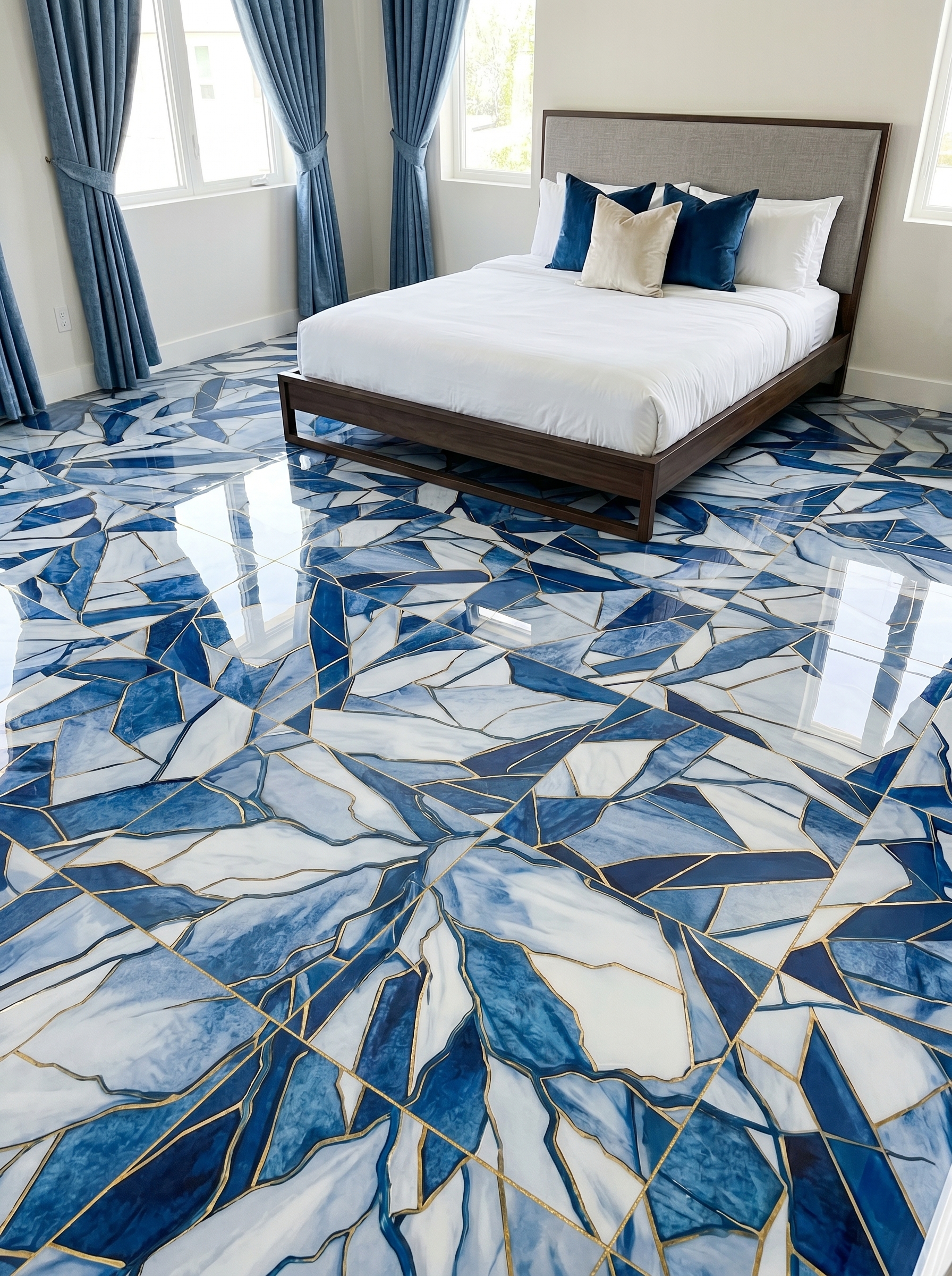 Teal wave pattern luxury bedroom tile flooring with gray white and gold accents, blue pillows, chandelier, and full-length curtains