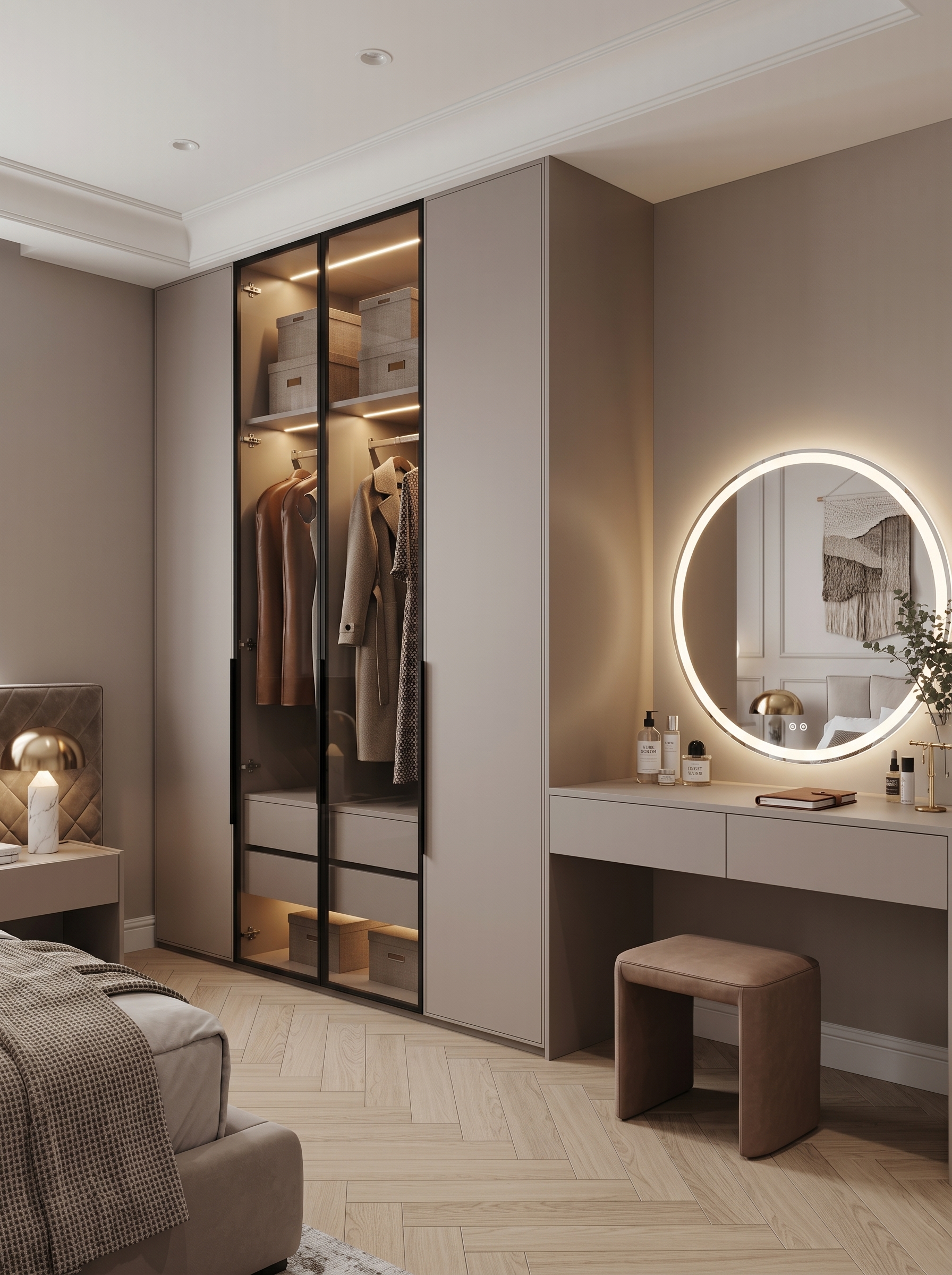 Wardrobe with vanity design featuring built-in storage, makeup table, LED mirror, drawers, shelves, and modern bedroom decor
