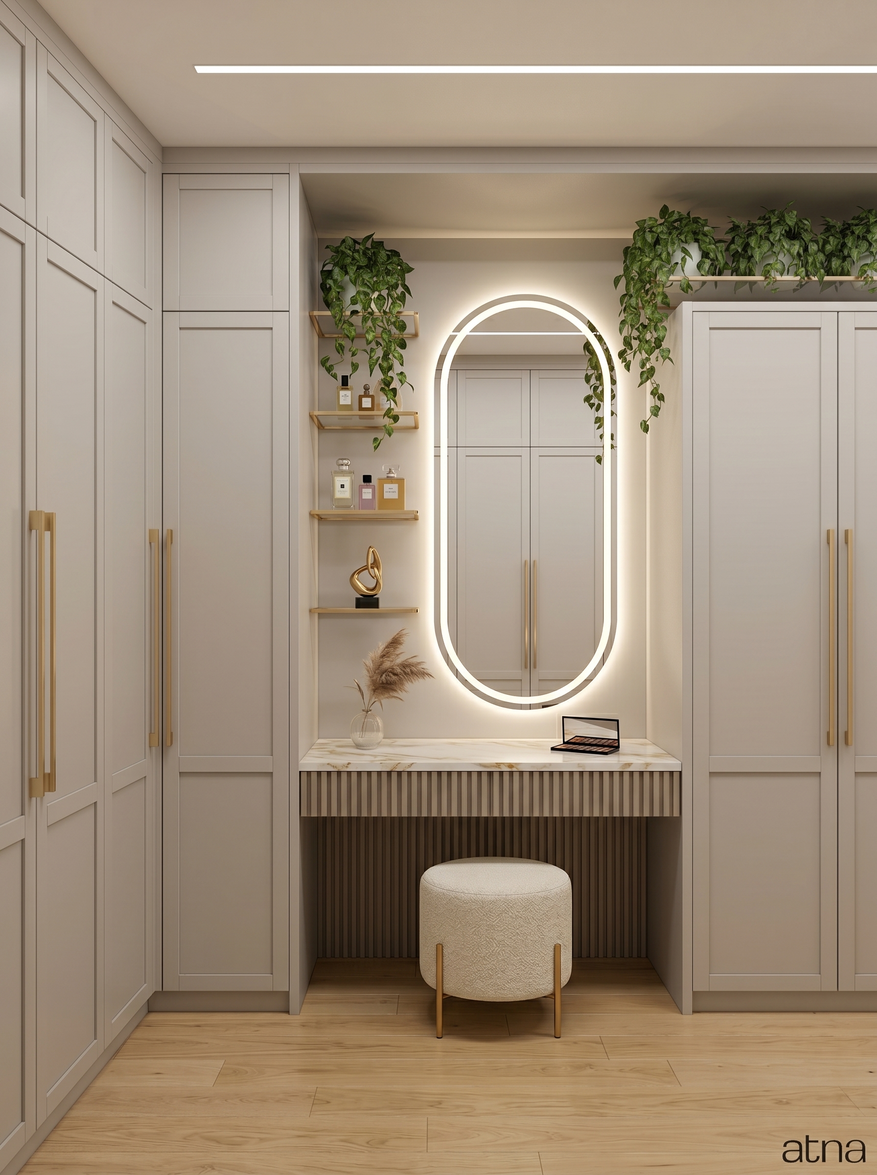 Glass door wardrobe with vanity design, round LED mirror, warm lighting, hanging storage, drawers, boxes, and cushioned stool