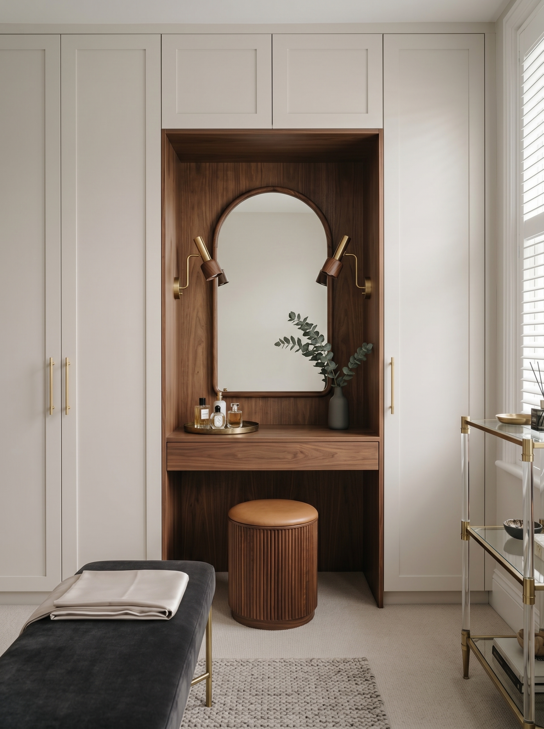 Built-in wardrobe with vanity, oval backlit mirror, gold handles, marble counter, floating shelves, greenery, and round stool