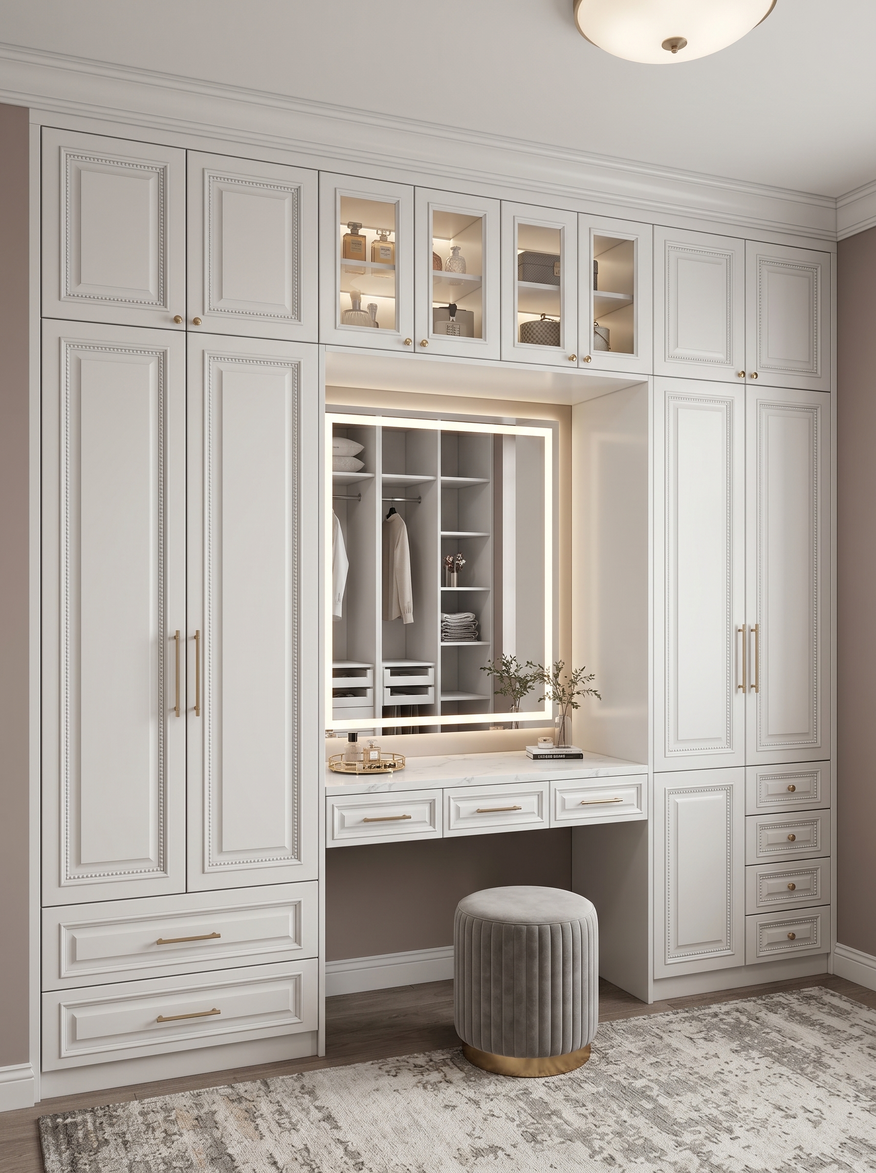 Neutral wardrobe with vanity niche, arched mirror, wall sconces, wood details, round stool, and built-in bedroom storage