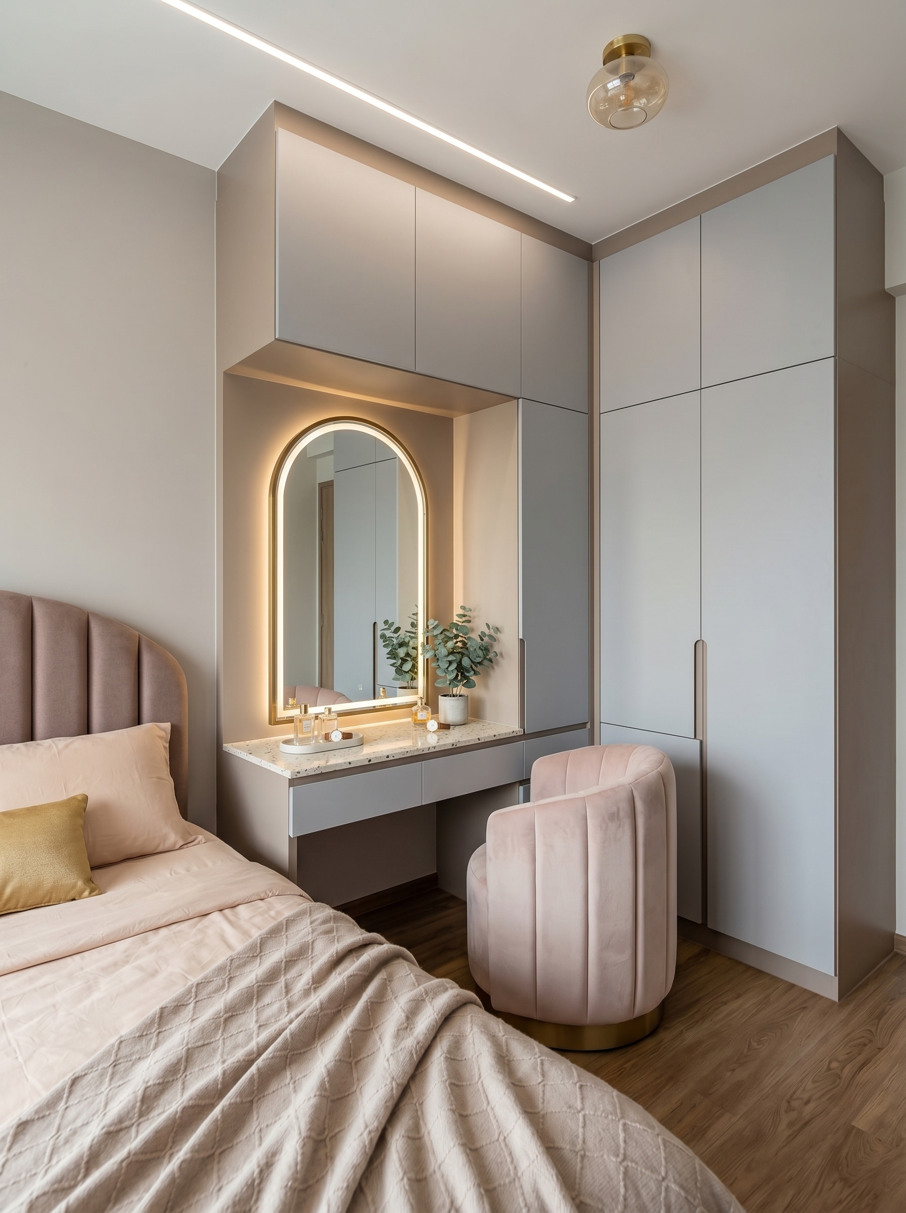 Classic white wardrobe with vanity, illuminated mirror, glass cabinets, gold handles, drawers, marble counter, and round stool