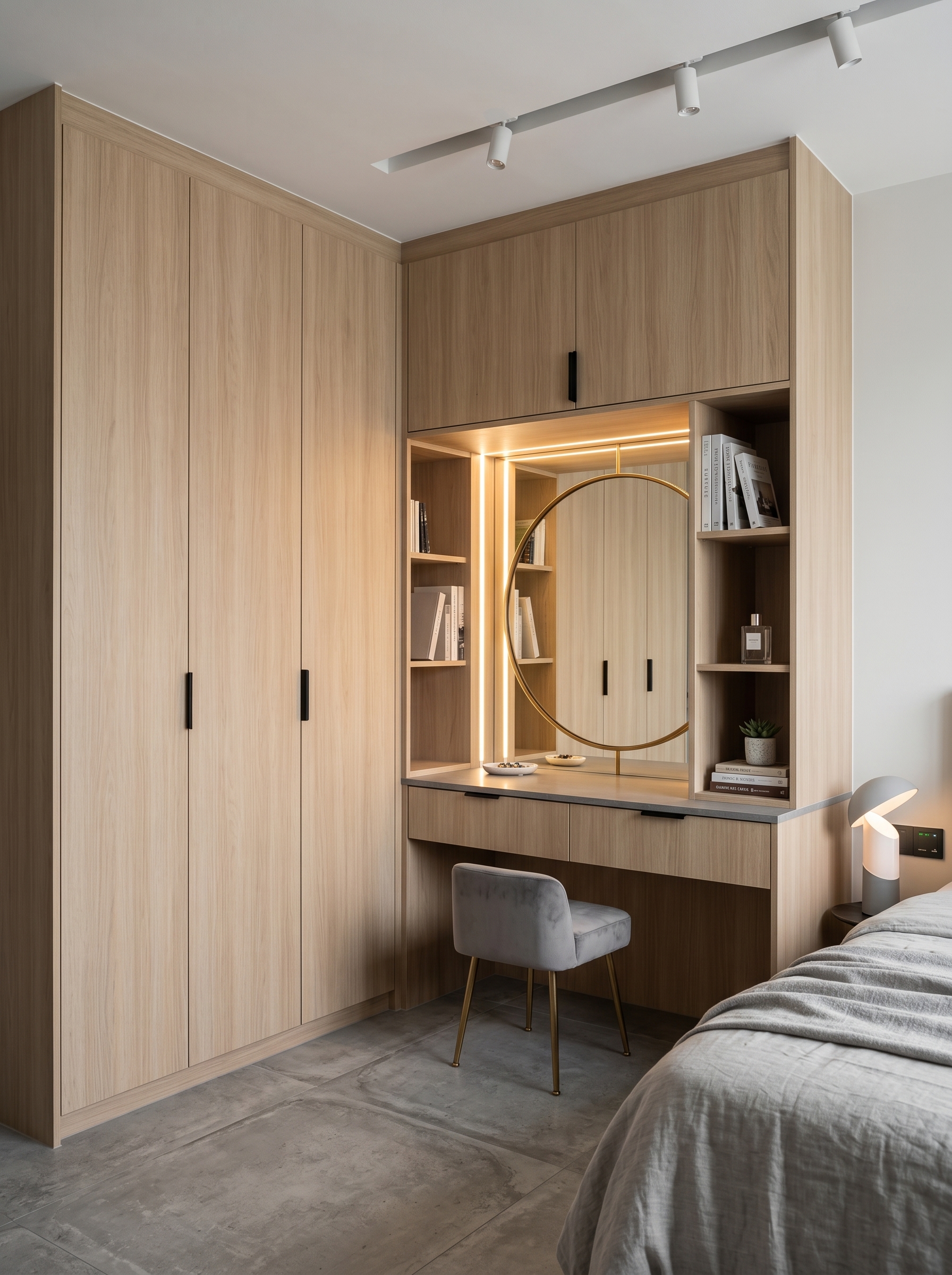 Modern grey wardrobe with vanity, arched LED mirror, stone vanity top, blush bedding, pink chair, and hidden storage