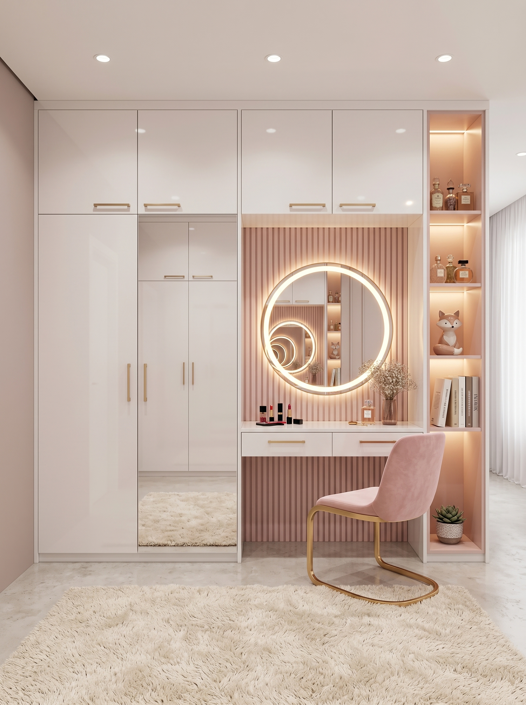 Wooden wardrobe with vanity, round gold mirror, LED strip lighting, open side shelves, black handles, and upholstered chair
