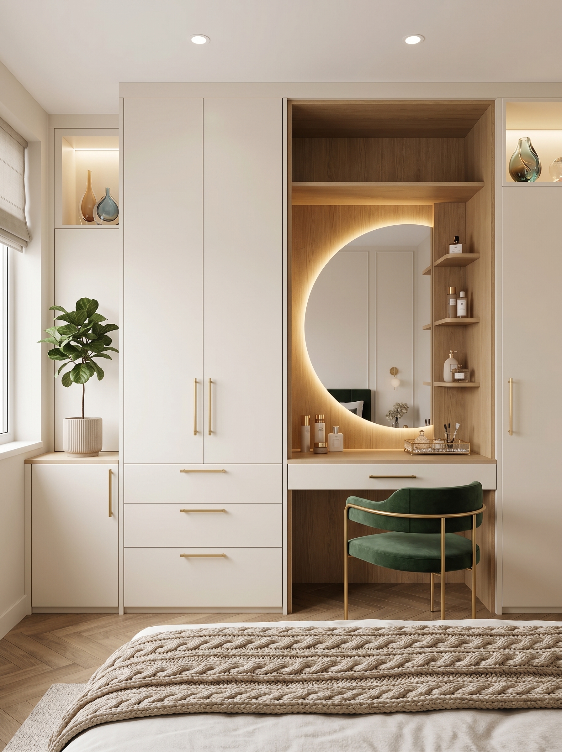 Luxury mirrored wardrobe with vanity, white cabinetry, reflective panels, glass-top vanity, drawers, and blush pink chair
