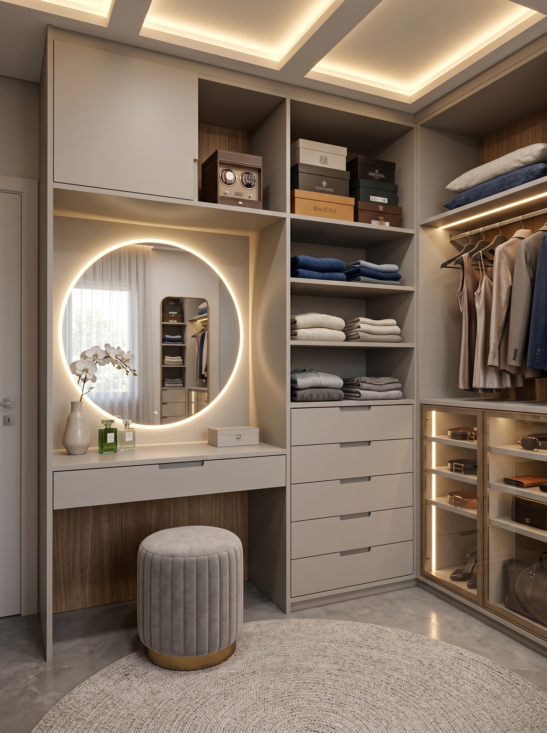 Cream wardrobe with vanity nook, wood frame, round mirror, green velvet chair, gold handles, drawers, and open shelves