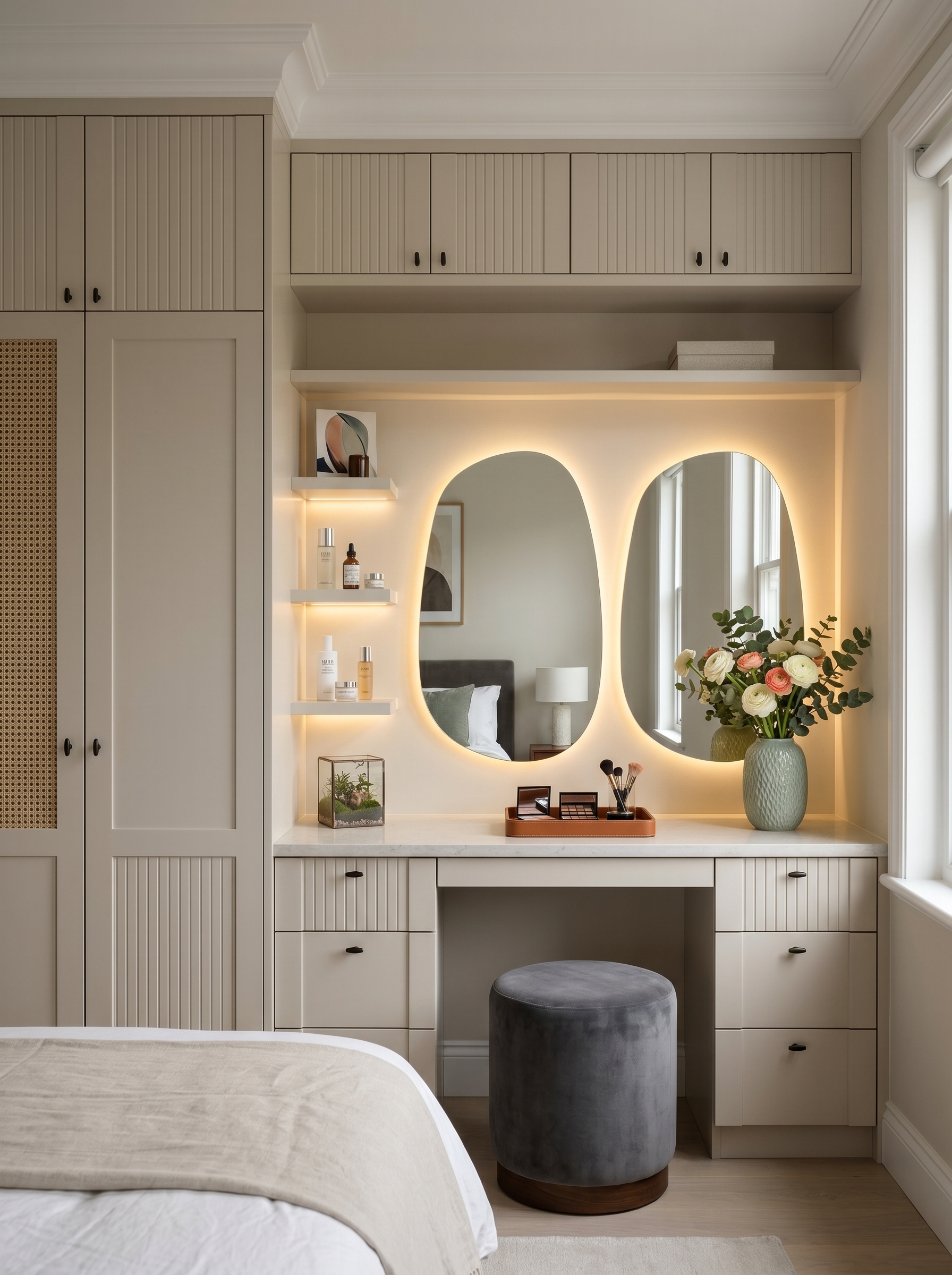 Walk-in wardrobe with vanity, round illuminated mirror, open closet shelves, hanging storage, shoe and bag display, and LED lighting