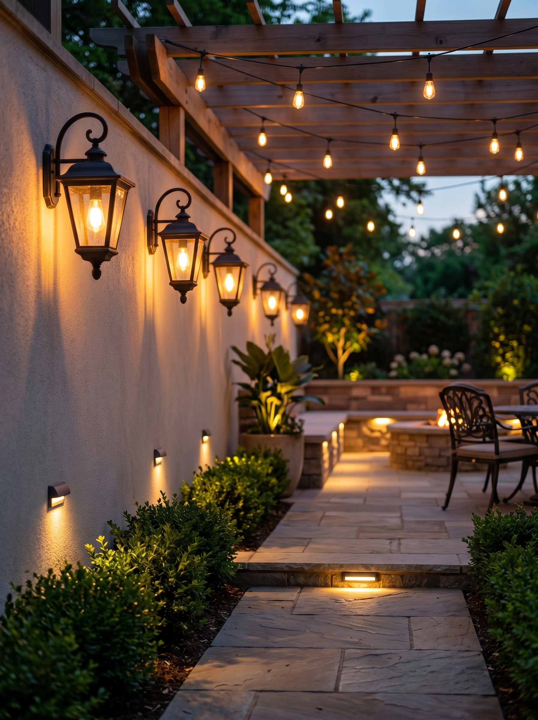 Patio lighting ideas with string lights, lanterns, pathway lighting, garden glow, and cozy outdoor seating decor
