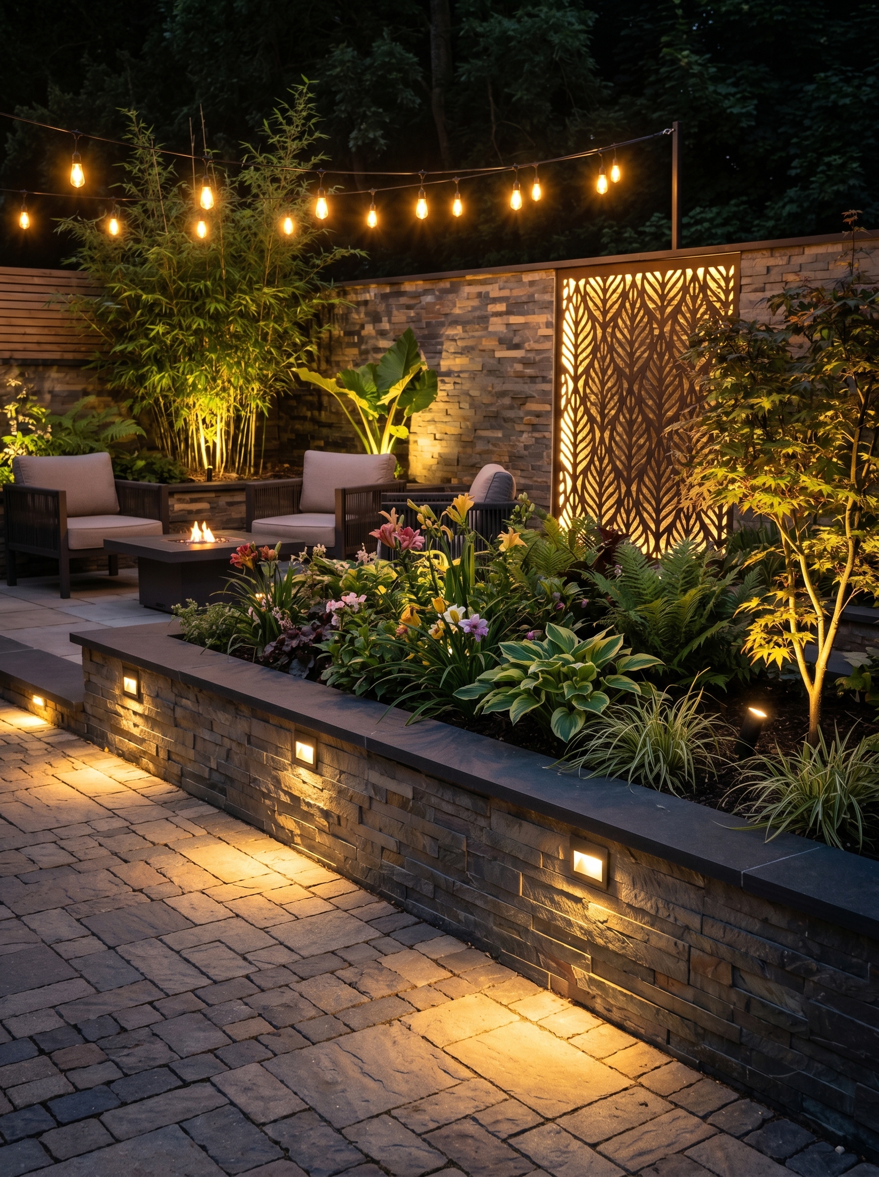 Layered patio lighting with wall lanterns, pathway lights, step lights, pergola string lights, and cozy backyard seating
