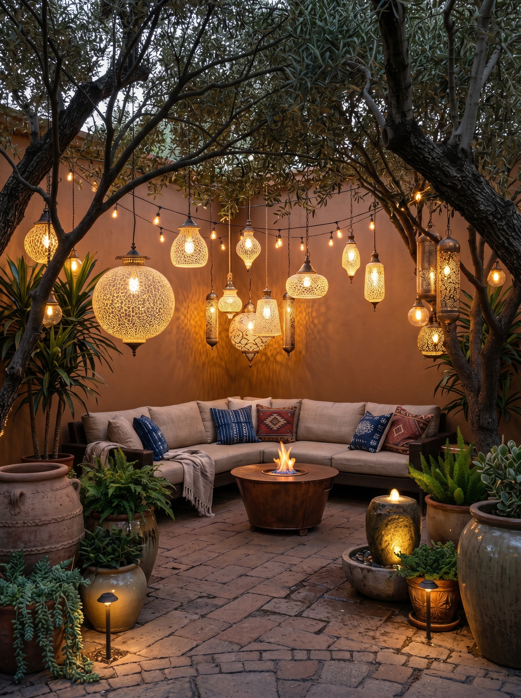Backyard patio lighting with string lights, stone wall lights, garden spotlights, fire feature glow, and modern outdoor furniture