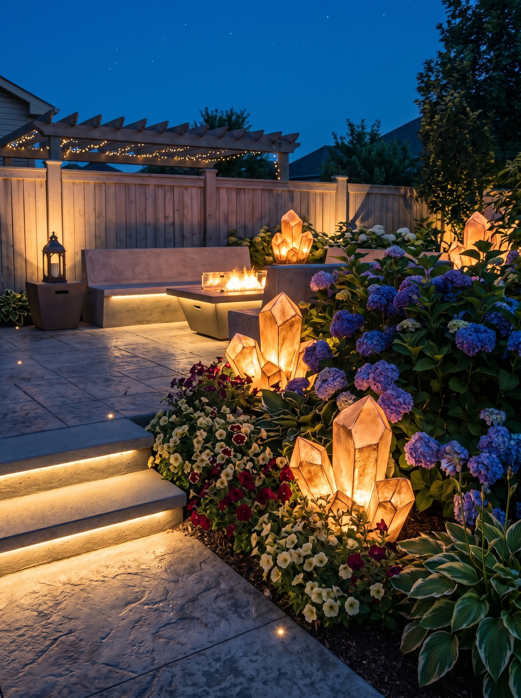 Hanging lantern patio lighting with string lights, soft ground lights, fire feature, plants, and cozy outdoor seating