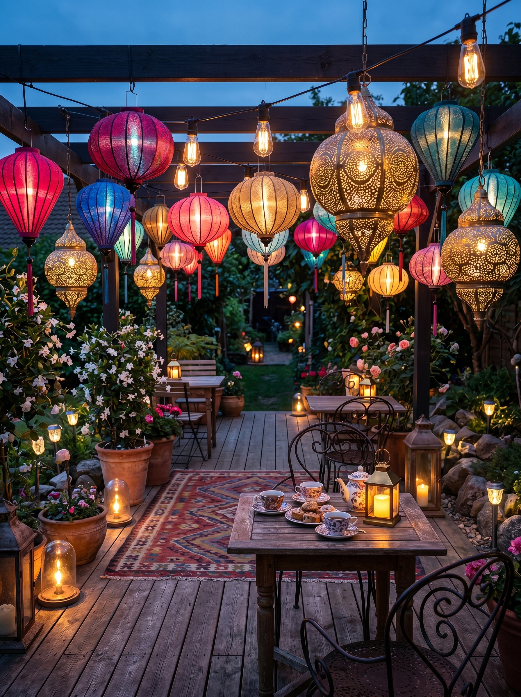 Patio lighting with step lights, garden lights, crystal accent lamps, string lights, fire feature, and glowing flowers