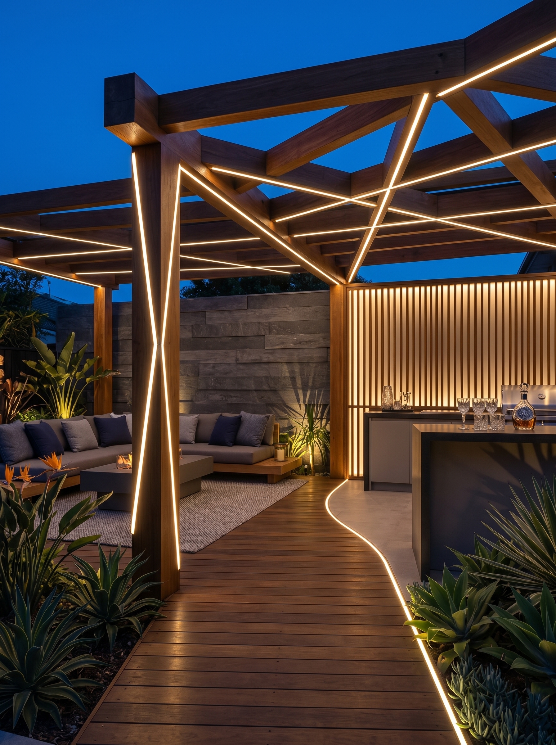 Colorful patio lighting with hanging lanterns, Edison bulbs, candle lanterns, wooden deck, plants, and outdoor dining decor