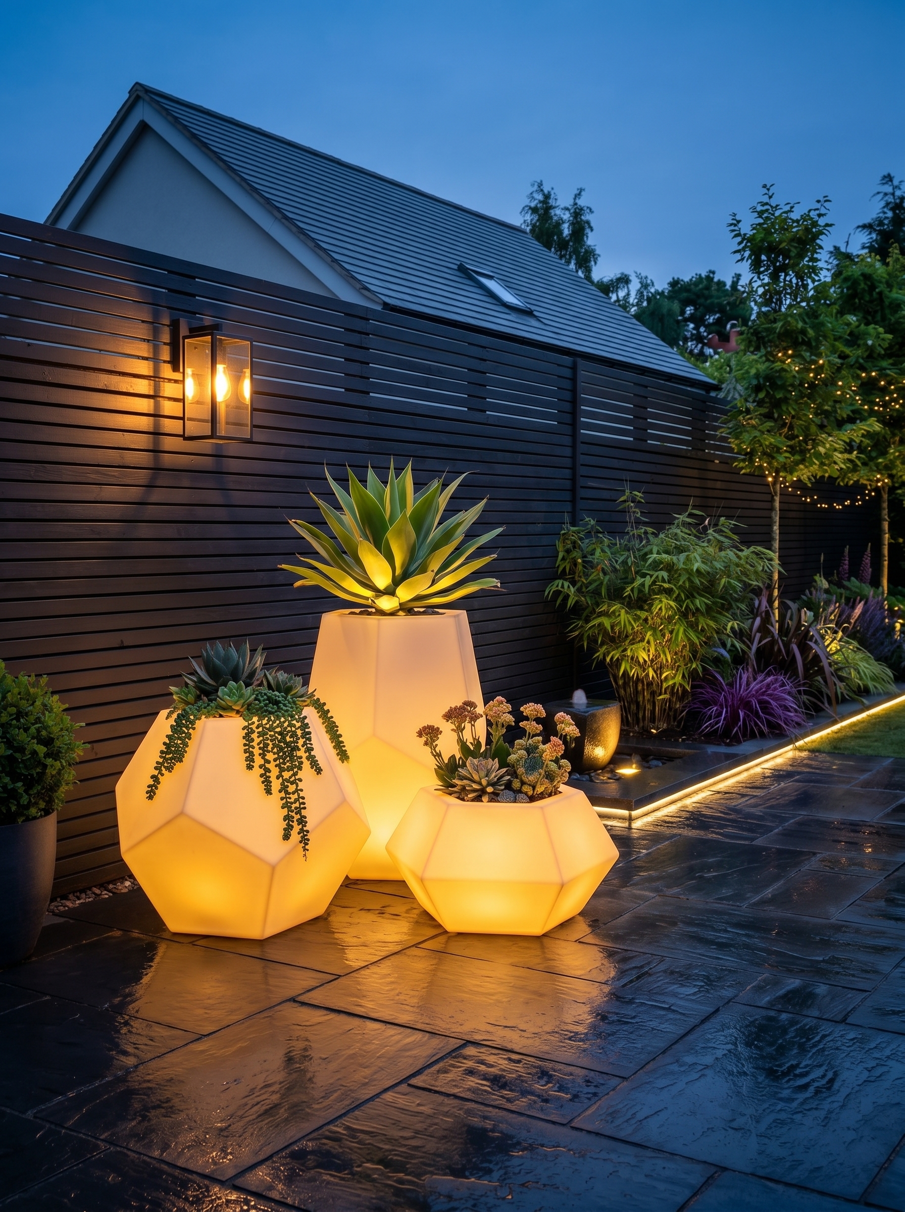 Modern LED pergola patio lighting with glowing beams, illuminated columns, wood deck, outdoor bar, and luxury backyard seating