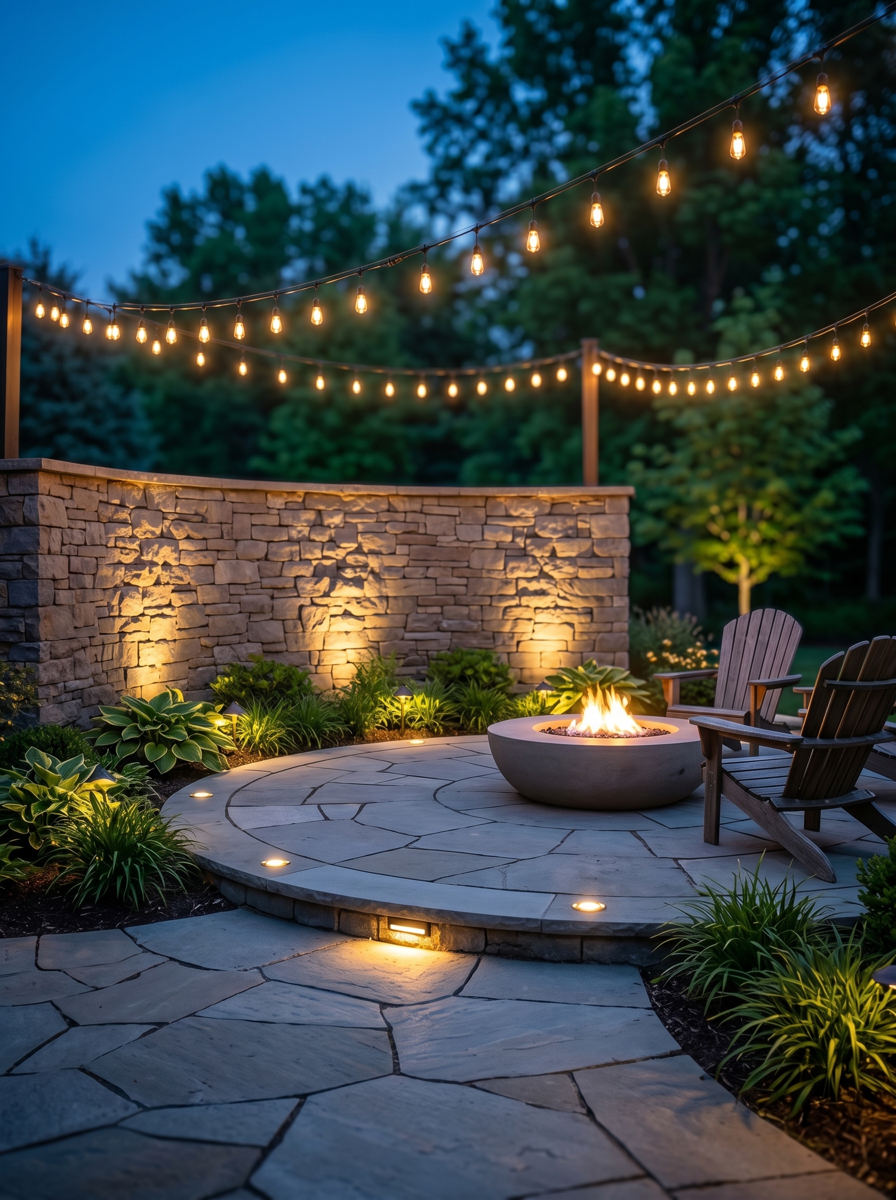 Modern patio lighting with glowing planters, wall lights, pathway strip lighting, succulents, dark tile flooring, and garden accents