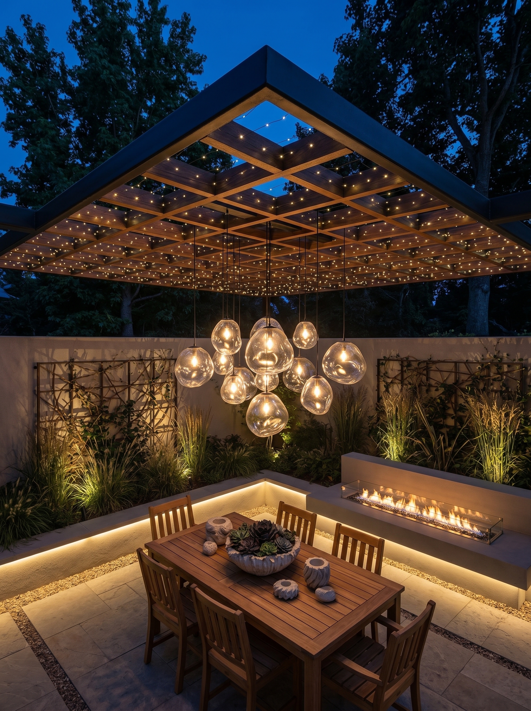 Fire pit patio lighting with string lights, stone wall uplights, ground lights, step lights, and wooden outdoor chairs