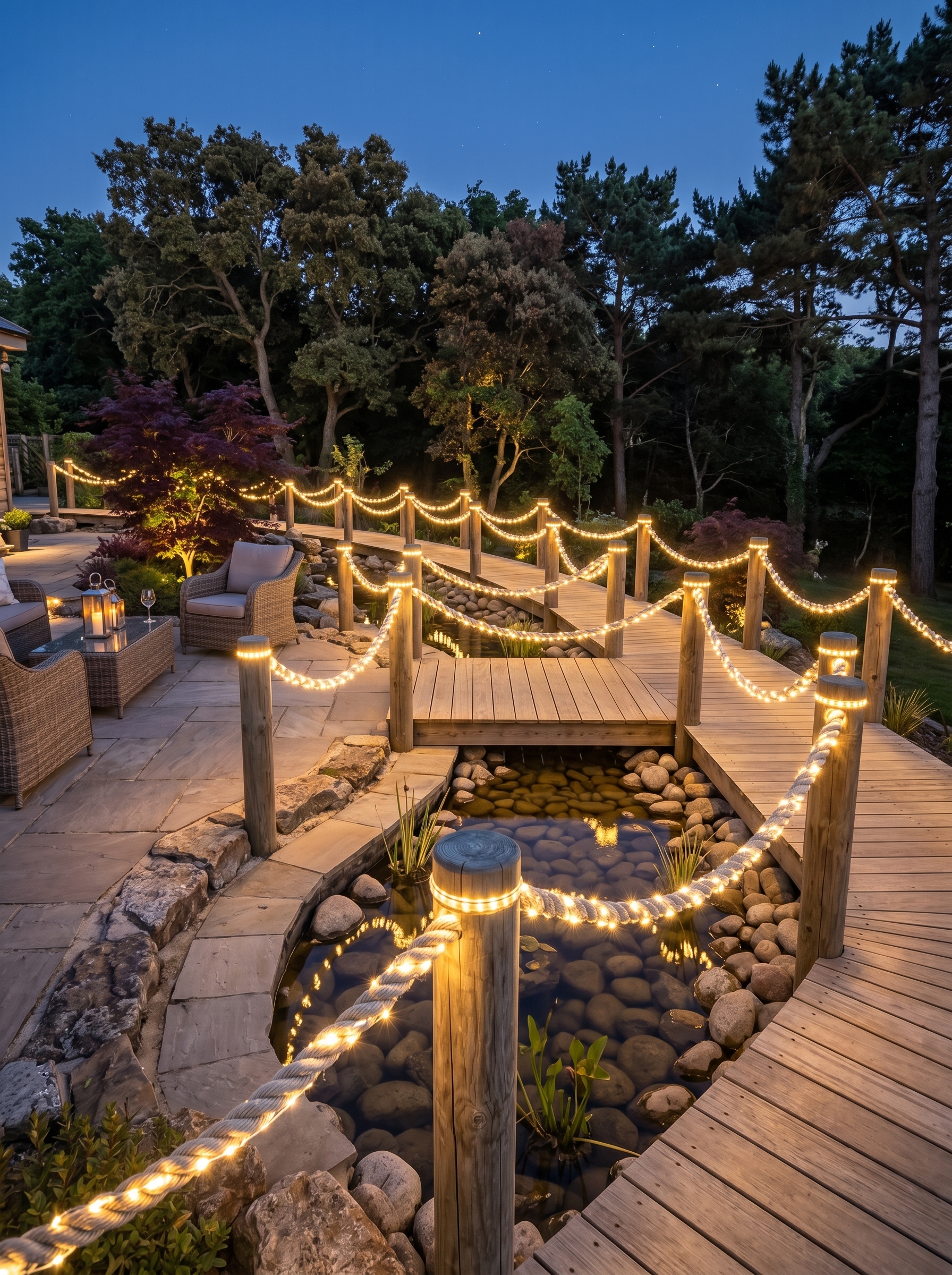 Luxury pergola patio lighting with sparkling ceiling lights, globe pendant lights, fire feature, dining table, and garden uplights